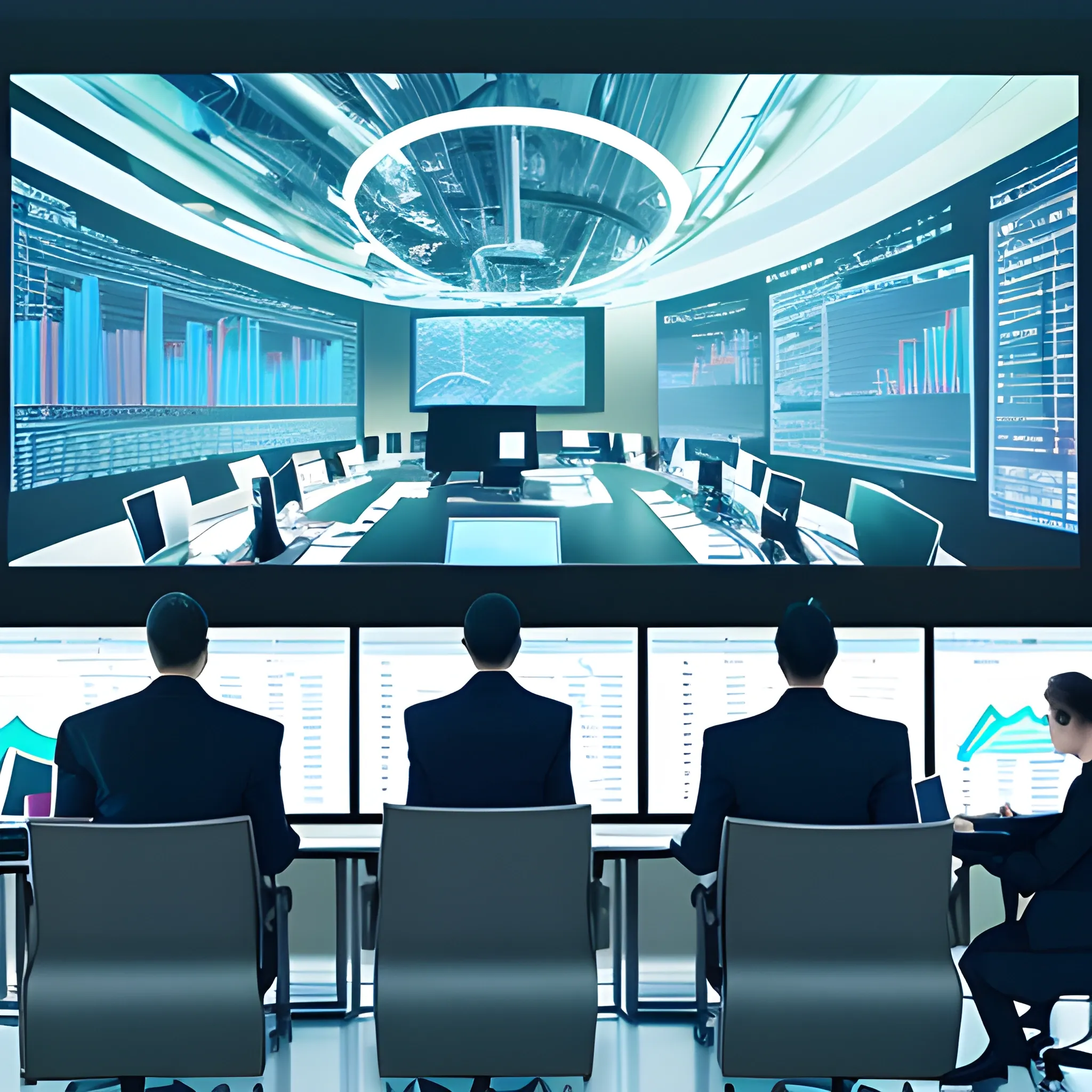 Team of business professionals in a high-tech meeting room, analyzing big data on a large interactive screen, surrounded by digital devices like tablets and laptops, Trippy