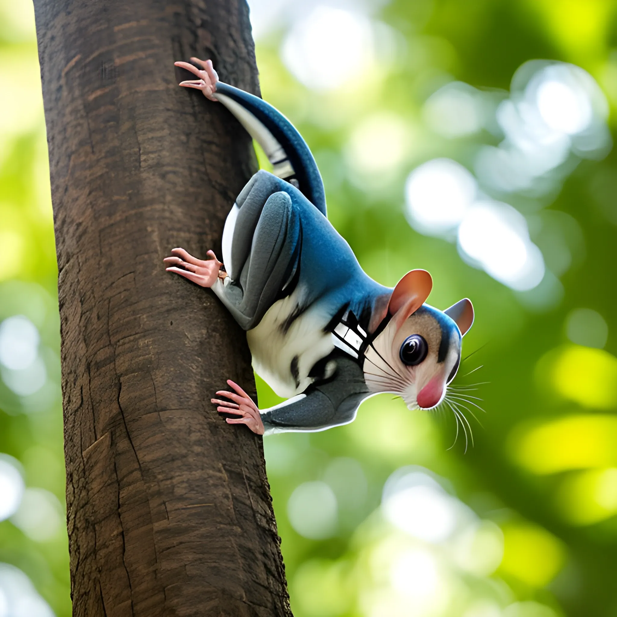 A mid-air action shot of a Sugar Glider, the Australian flying squirrel, leaping between two tall trees, its limbs fully extended, gliding with its membrane wings stretched out, captured in sharp detail against the backdrop of a dense eucalyptus forest, during the late afternoon with the sun casting long shadows, shot with a Canon EOS-1D X Mark III, 50mm f/1.4 lens, capturing the dynamic movement and natural colors of the scene