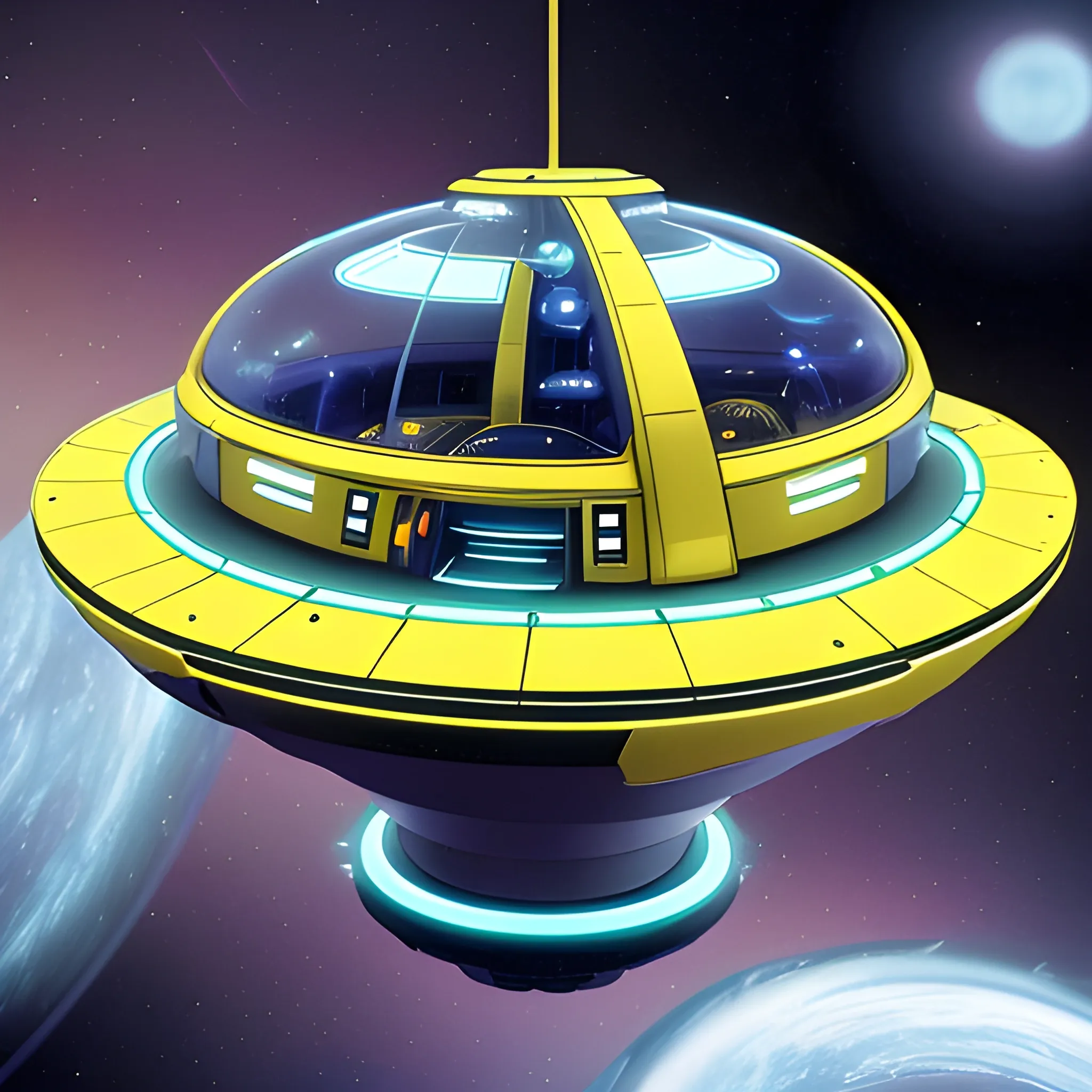 The starship has primary colors that are dark gold, metallic forest green& light blue accents,+ 2 white nacelles,at 75°, emit a mesmerizing dark yellow light.Blending the styles of Gerry & Sylvia Anderson.There's a top section that's a 60' in diameter bubble , as an industrial wired circular base., 3D, Trippy