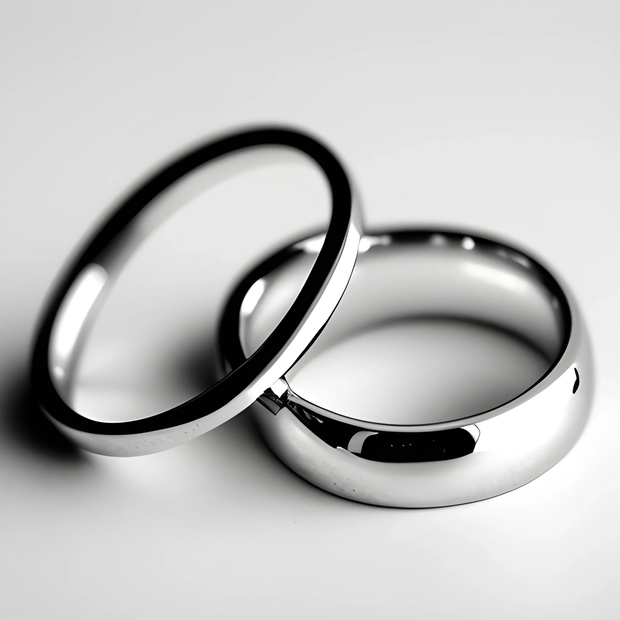 Photographic image of two wedding rings on top of each other on white background
