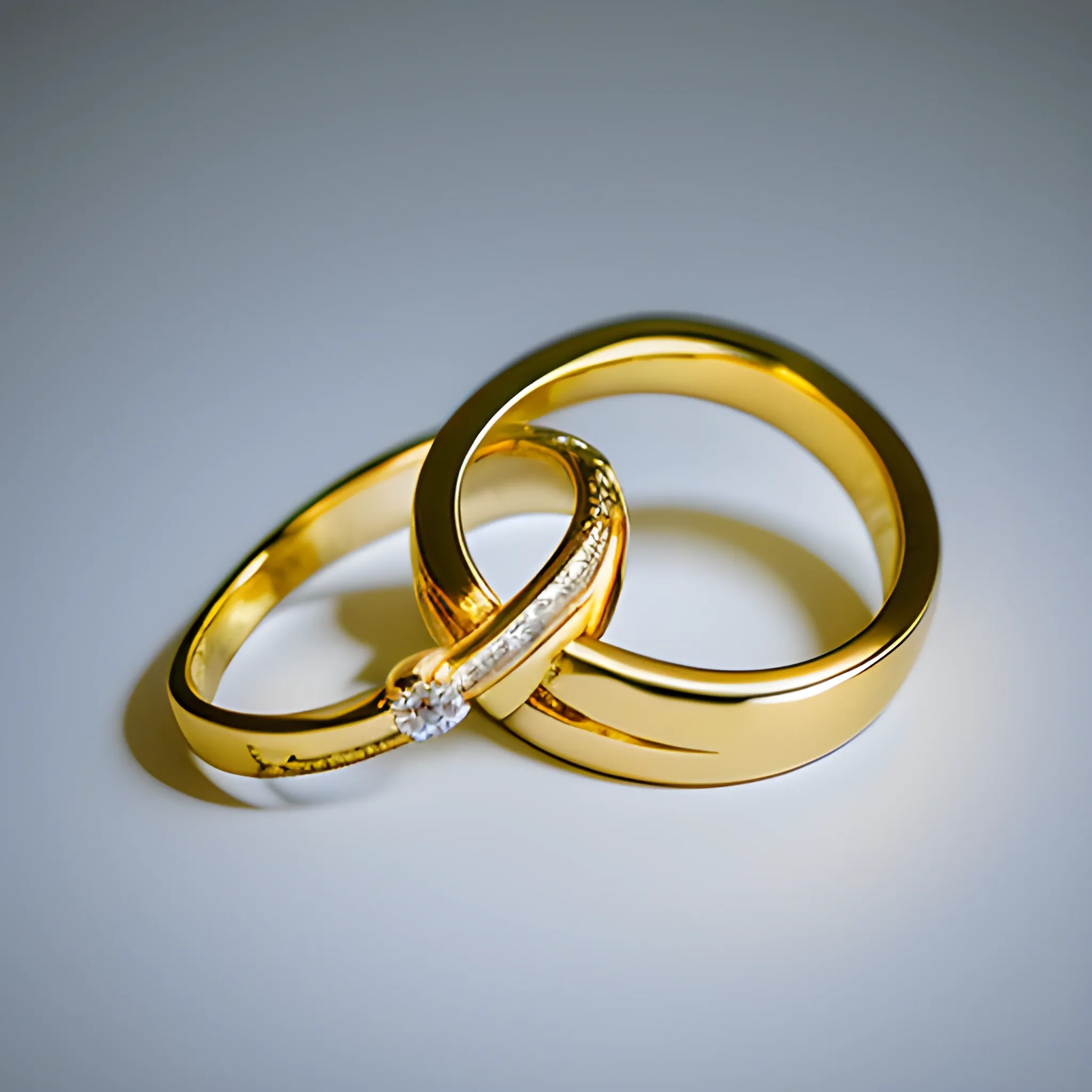 Photographic image of two wedding gold rings on top of each other on white background
