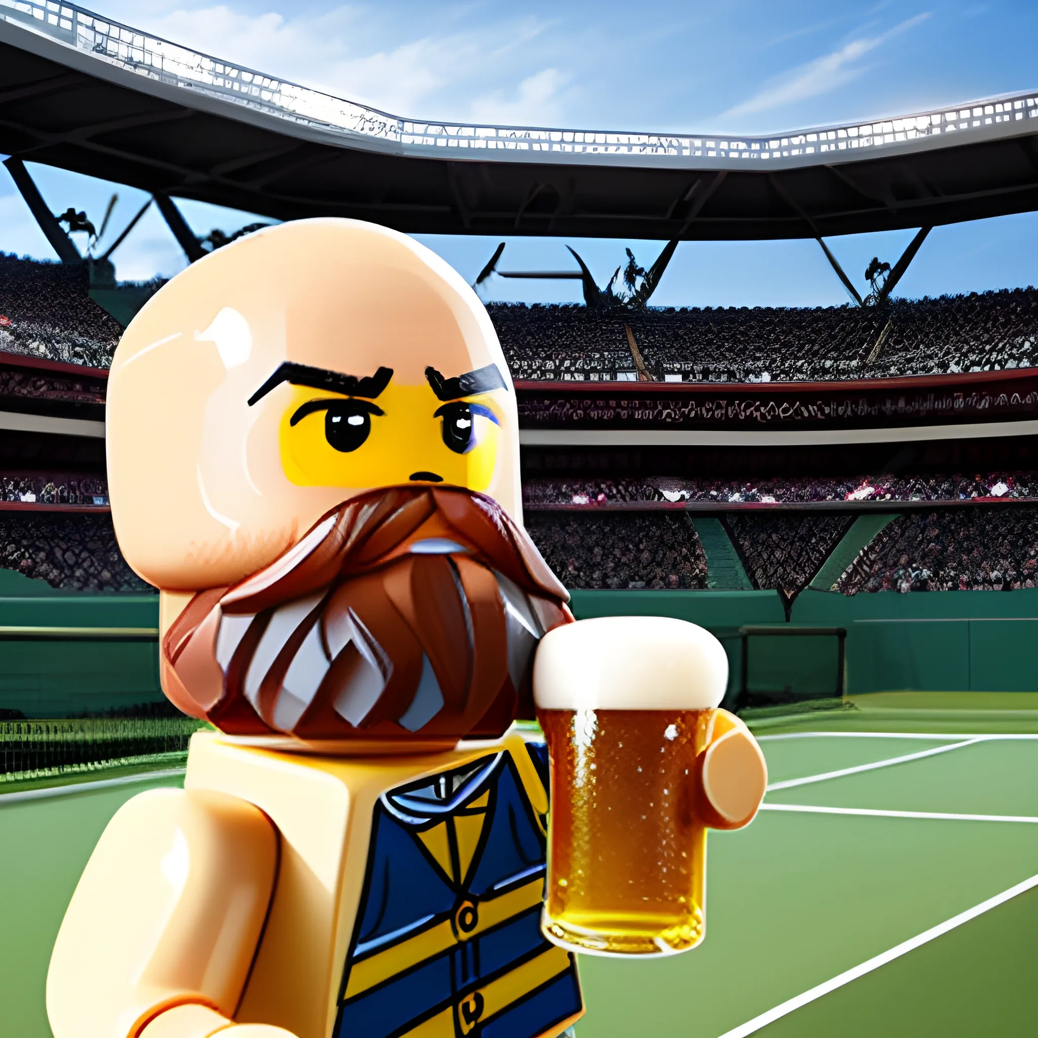 A bald, bearded Lego man drinks beer at a tennis stadium.