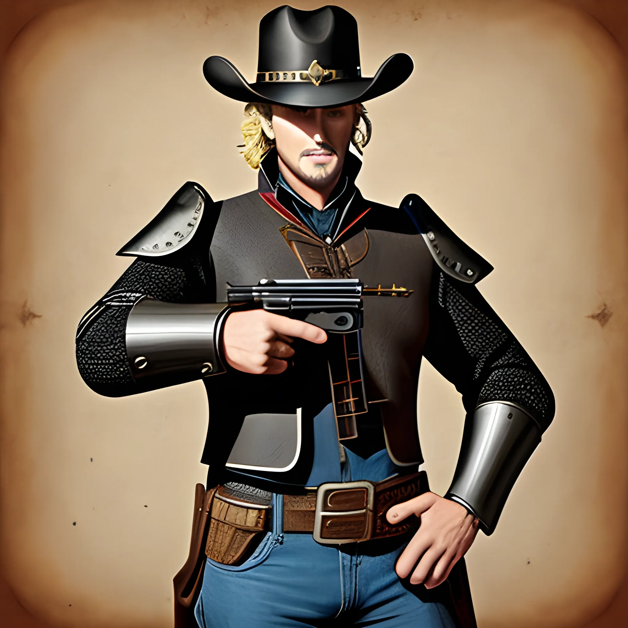 Gunslinger wearing two colt 45 styled revolvers wearing some kind of black armor