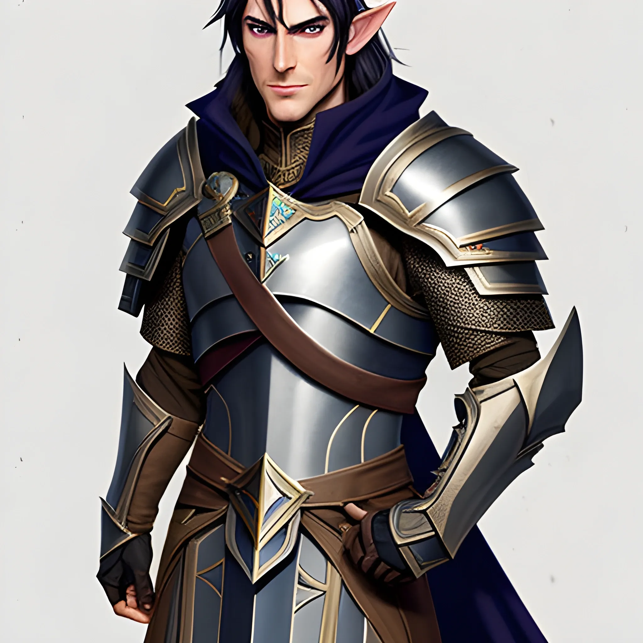 A male young elf paladin who has elven features: pointed ears, a sharp jawline, and piercing bright eyes that radiate warmth and determination. His hair is dark brown, slightly tousled. He wears chainmail armor and carries a standard longsword and a plain shield adorned with a raven emblem, Water Color