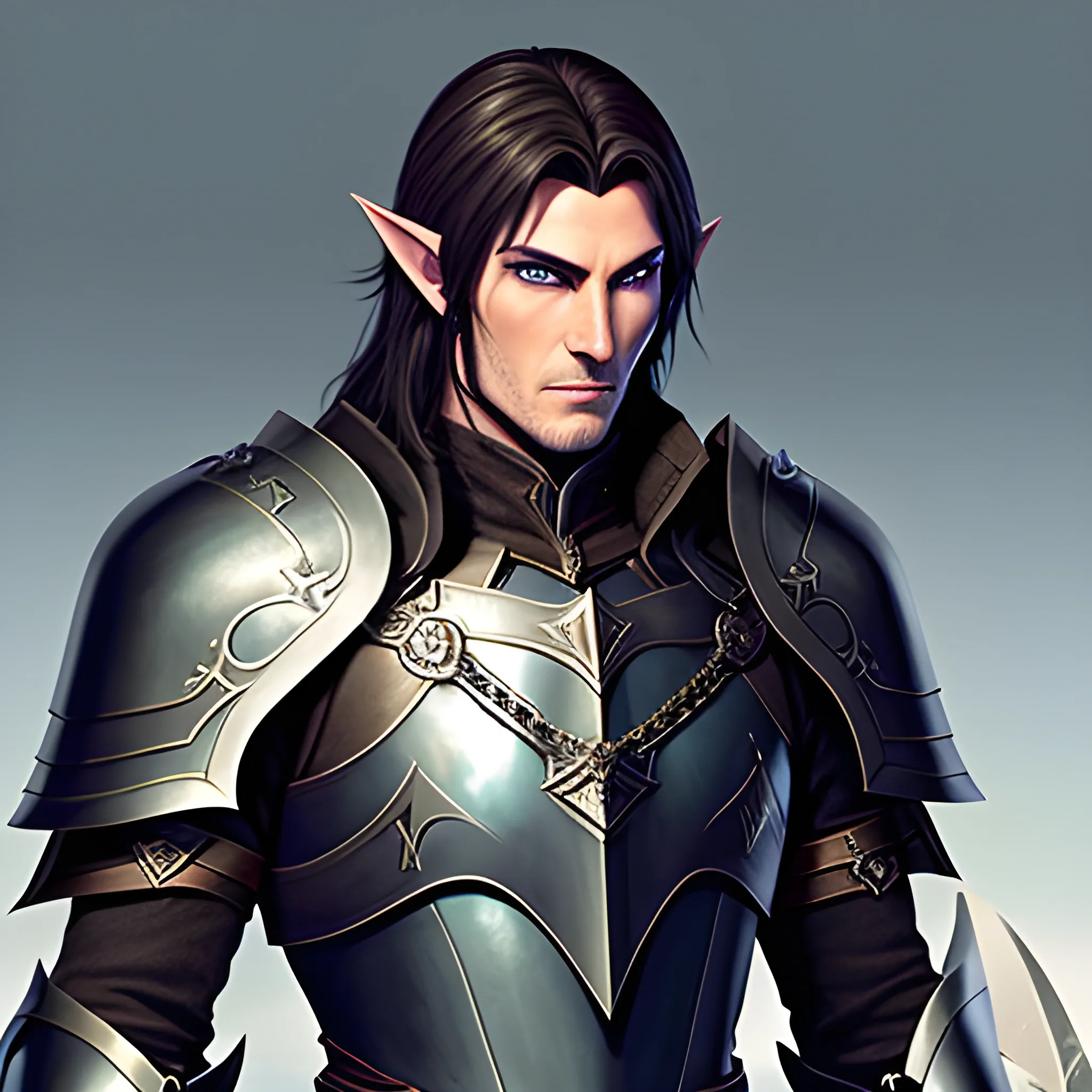 A male young elf paladin who has elven features: pointed ears, a sharp jawline, and piercing bright eyes that radiate warmth and determination. His hair is dark brown, slightly tousled. He wears chainmail armor and carries a standard longsword and a plain shield adorned with a raven emblem, Water Color