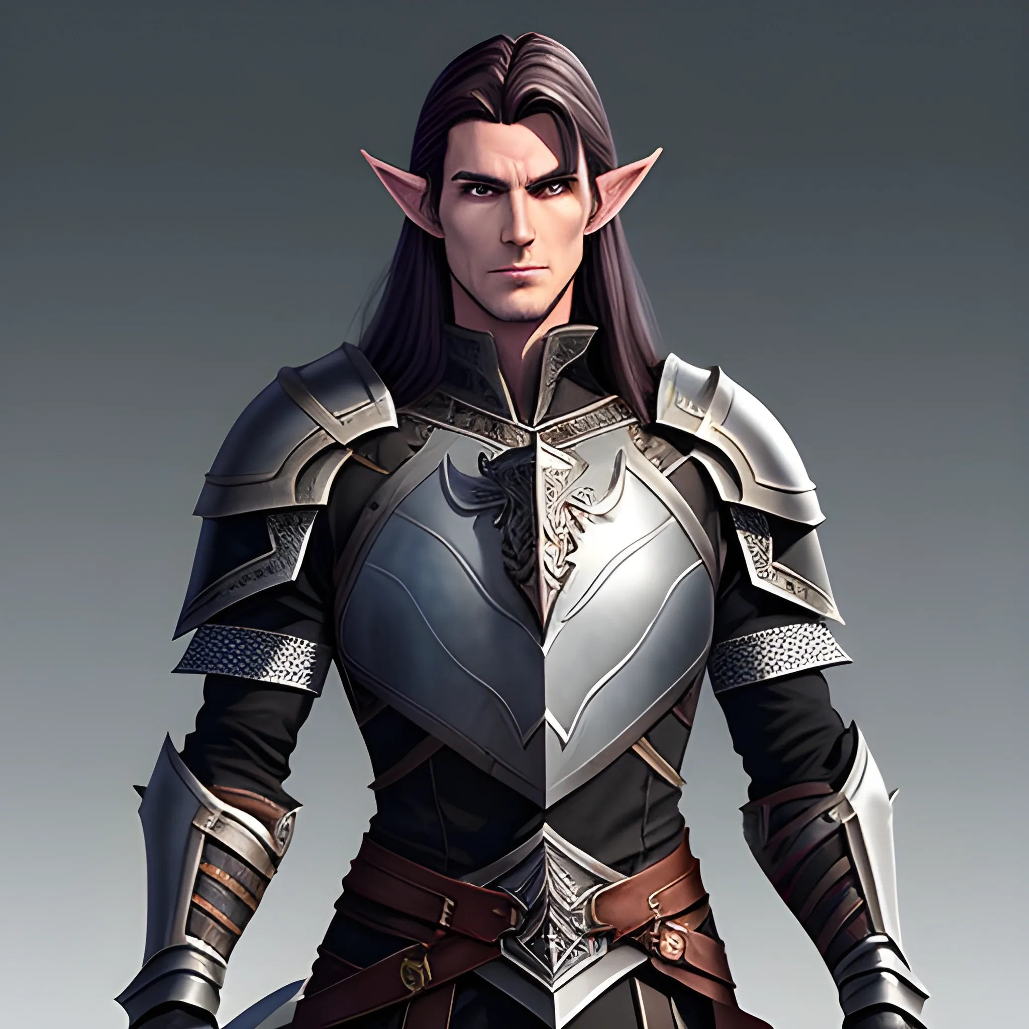 A male young elf paladin who has elven features: pointed ears, a sharp jawline, and piercing bright eyes that radiate warmth and determination. His hair is dark brown, slightly tousled. He wears chainmail armor and carries a standard longsword and a plain shield adorned with a raven emblem, Water Color