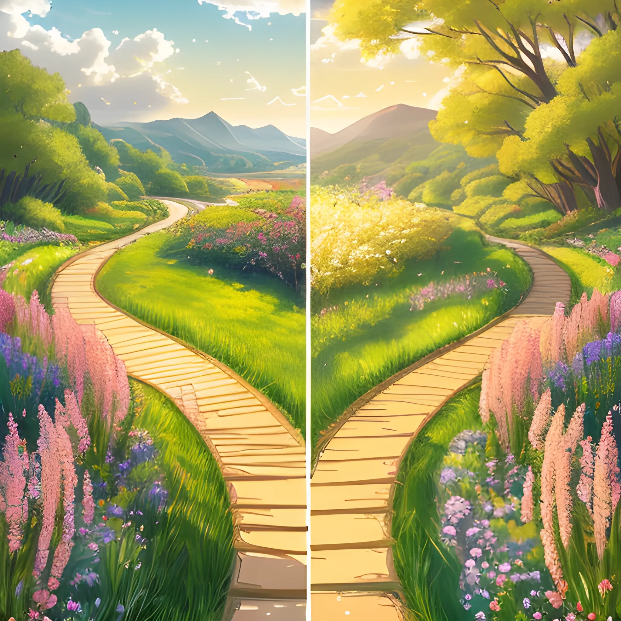 A wide, split landscape showing two distinct paths diverging in opposite directions. On one side, a bright and radiant path ascends gently towards a heavenly destination, bathed in golden light with clear skies above. The path is lined with blooming flowers, 