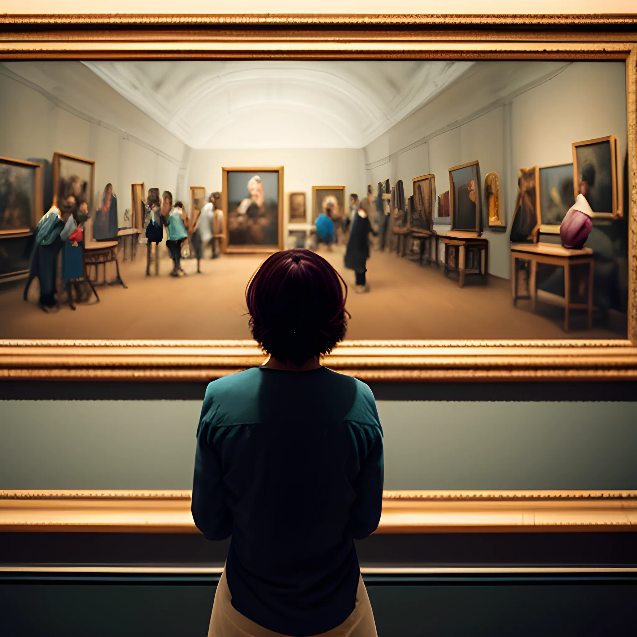 a woman watching a paint in the museum  with her back turned