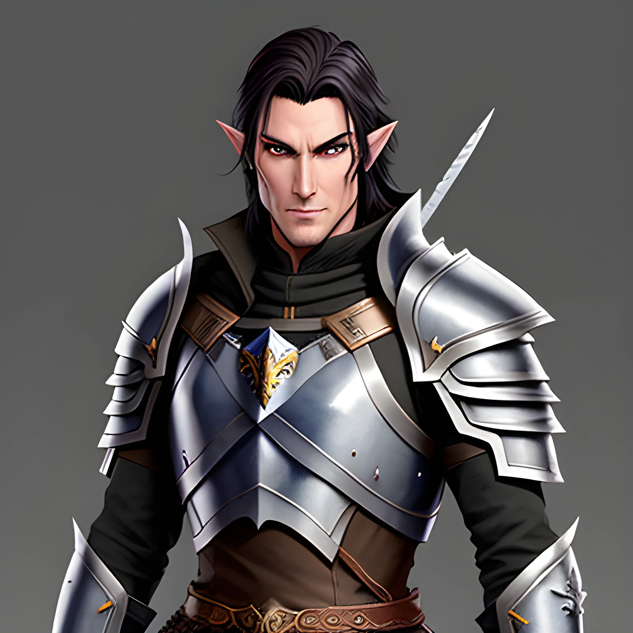 A male young elf paladin who has elven features: pointed ears, a sharp jawline, and piercing bright eyes that radiate warmth and determination. His hair is dark brown, slightly tousled. He wears chainmail armor and carries a standard longsword and a plain shield adorned with a raven emblem, Water Color