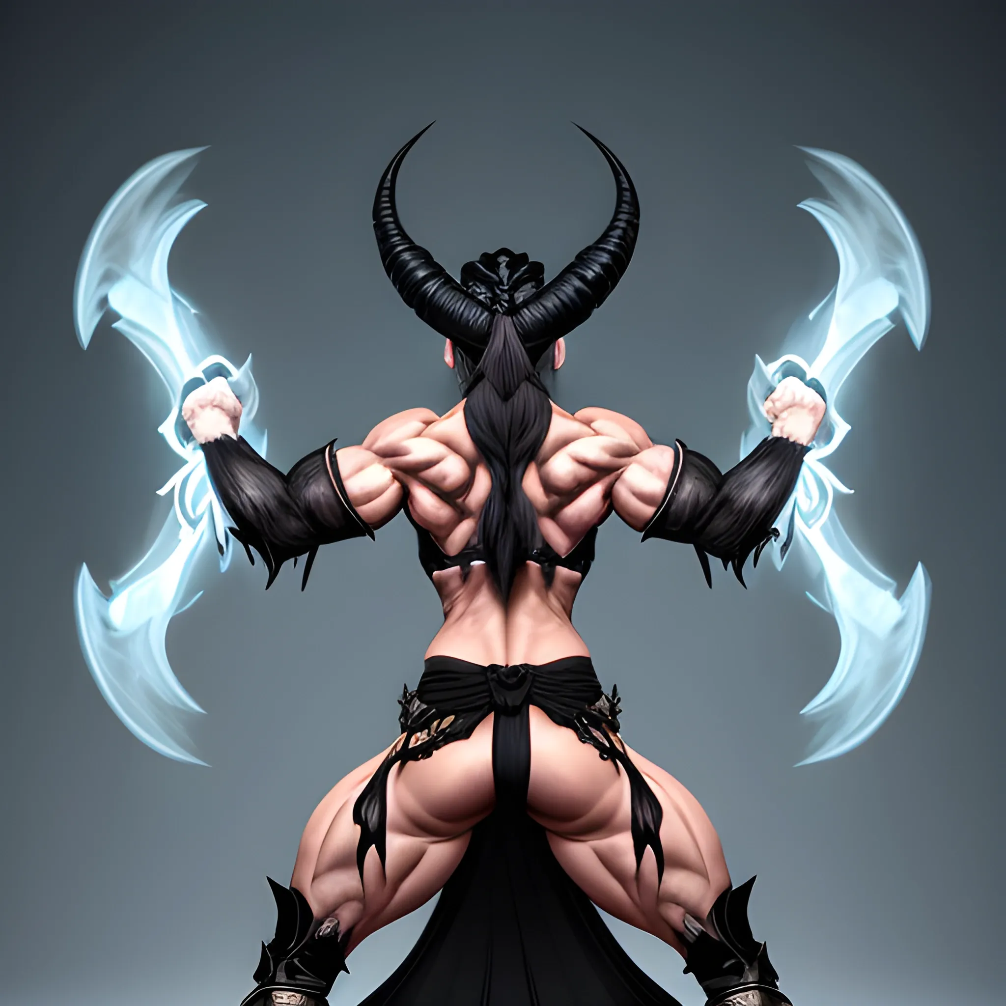 please create an image of a muscular evil sorceress in rear view with a crown formed like rays of the moon on her head wearing only a black loin cloth covering her muscular glutes and ramming her fists against her waste in a gesture of power.