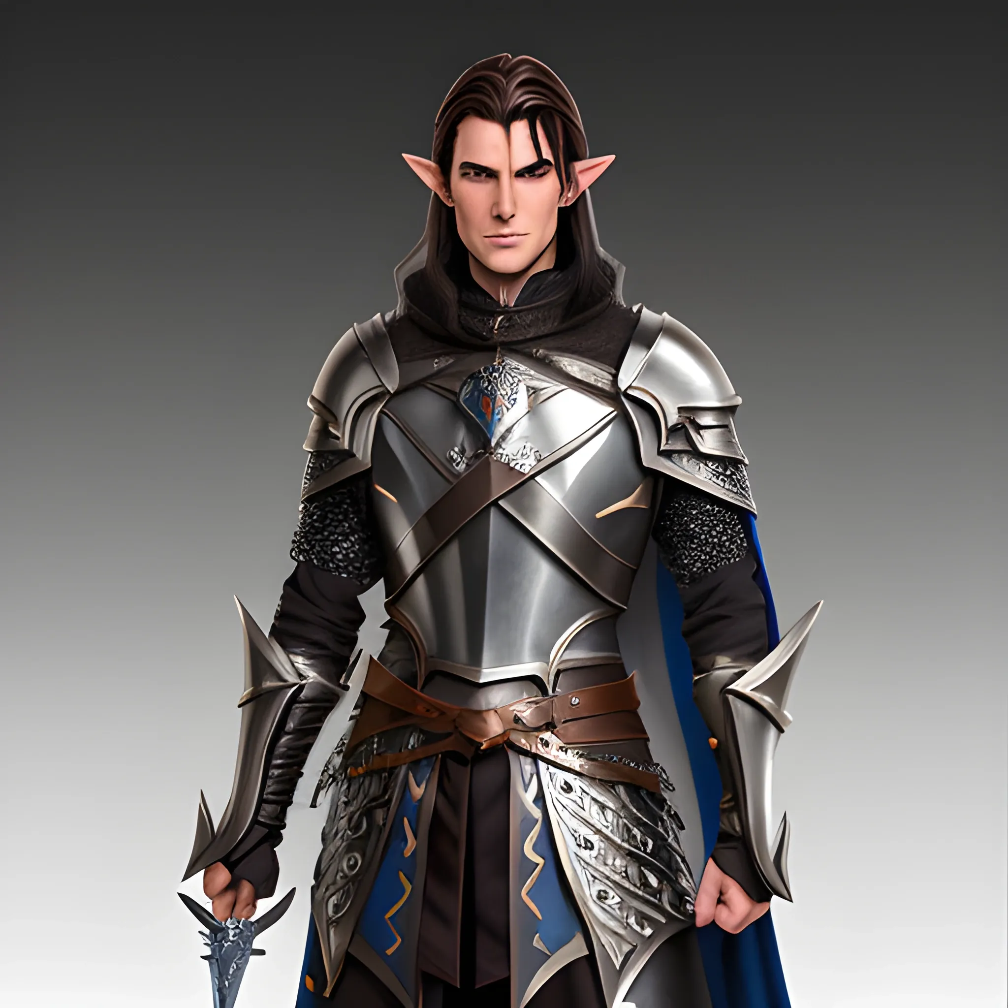 A male young elf paladin who has elven features: pointed ears, a sharp jawline, and piercing bright eyes that radiate warmth and determination. His hair is dark brown, slightly tousled. He wears chainmail armor and carries a standard longsword and a plain shield adorned with a raven emblem, Water Color