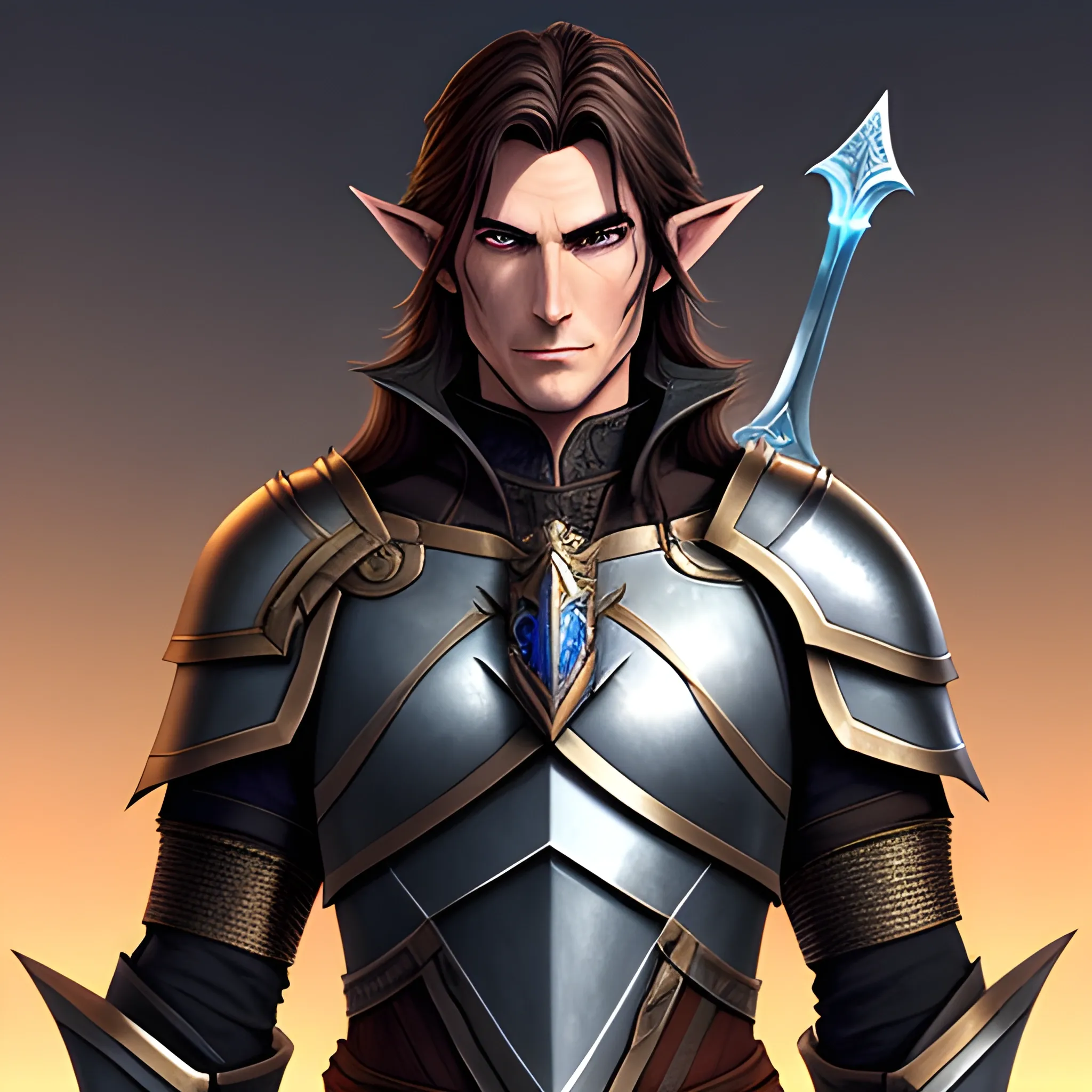 A male young elf paladin who has elven features: pointed ears, a sharp jawline, and piercing bright eyes that radiate warmth and determination. His hair is dark brown, slightly tousled. He wears chainmail armor and carries a standard longsword and a plain shield adorned with a raven emblem, Water Color