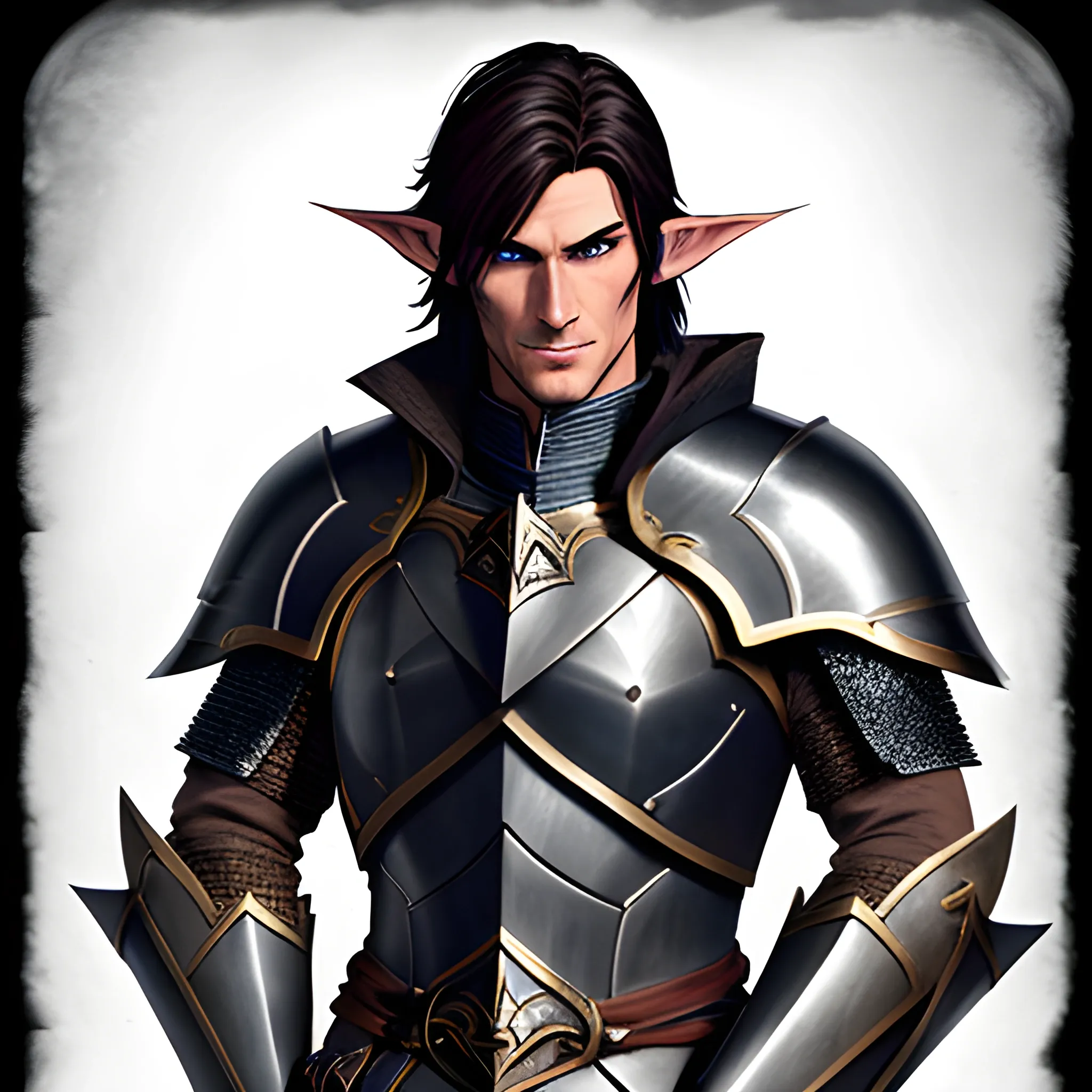 A male young elf paladin who has elven features: pointed ears, a sharp jawline, and piercing bright eyes that radiate warmth and determination. His hair is dark brown, slightly tousled. He wears chainmail armor and carries a standard longsword and a plain shield adorned with a raven emblem, Water Color