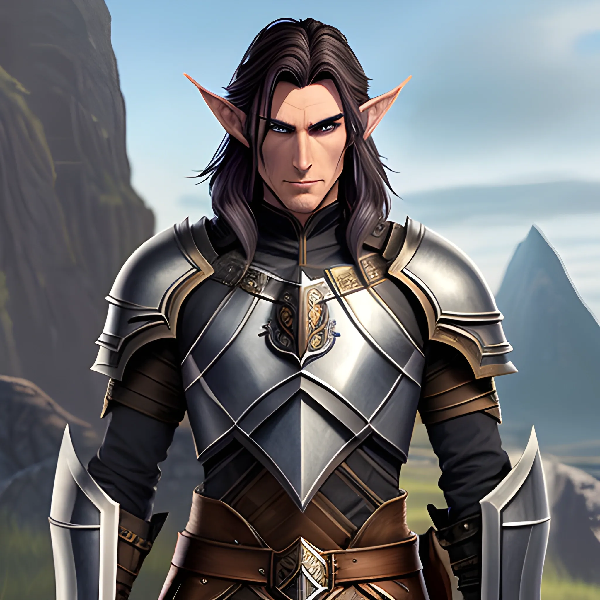 A male young elf paladin who has elven features: pointed ears, a sharp jawline, and piercing bright eyes that radiate warmth and determination. His hair is dark brown, slightly tousled. He wears chainmail armor and carries a standard longsword and a plain shield adorned with a raven emblem, Water Color