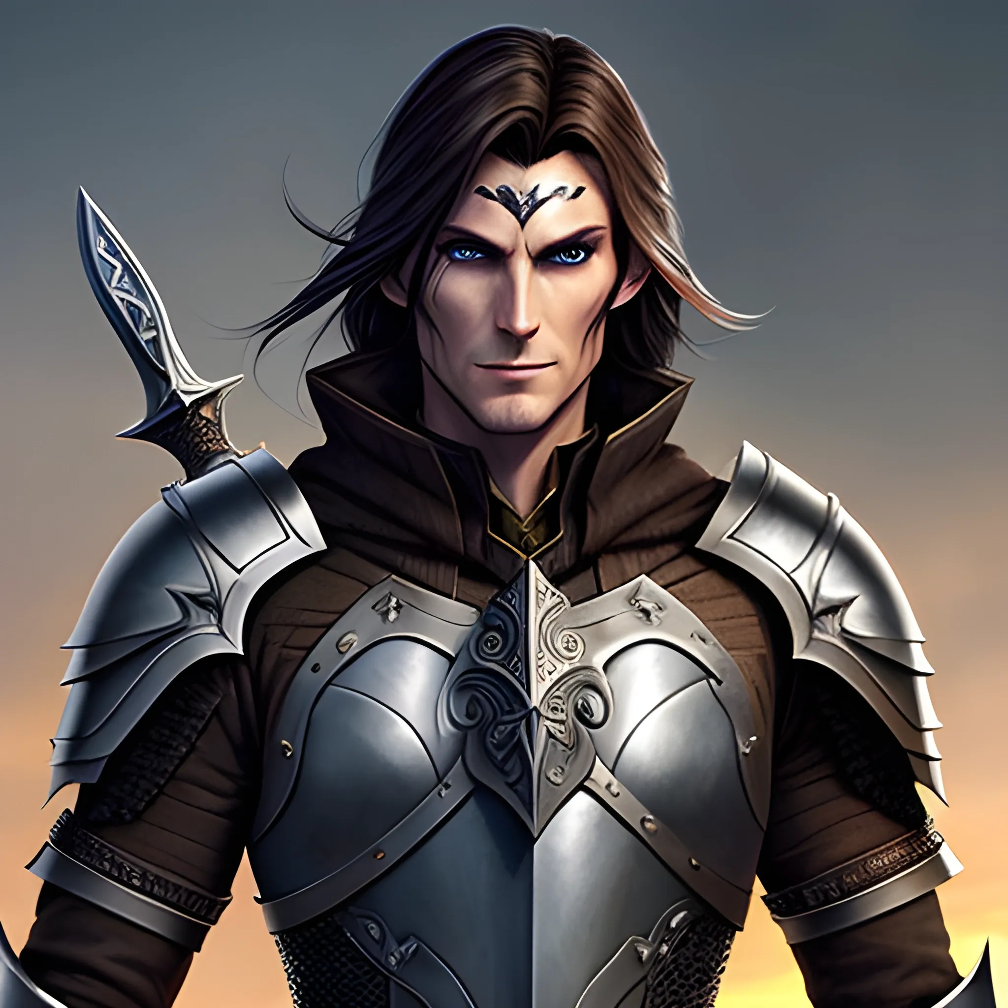 A male young elf paladin who has elven features: pointed ears, a sharp jawline, and piercing bright eyes that radiate warmth and determination. His hair is dark brown, slightly tousled. He wears chainmail armor and carries a standard longsword and a plain shield adorned with a raven emblem, Water Color