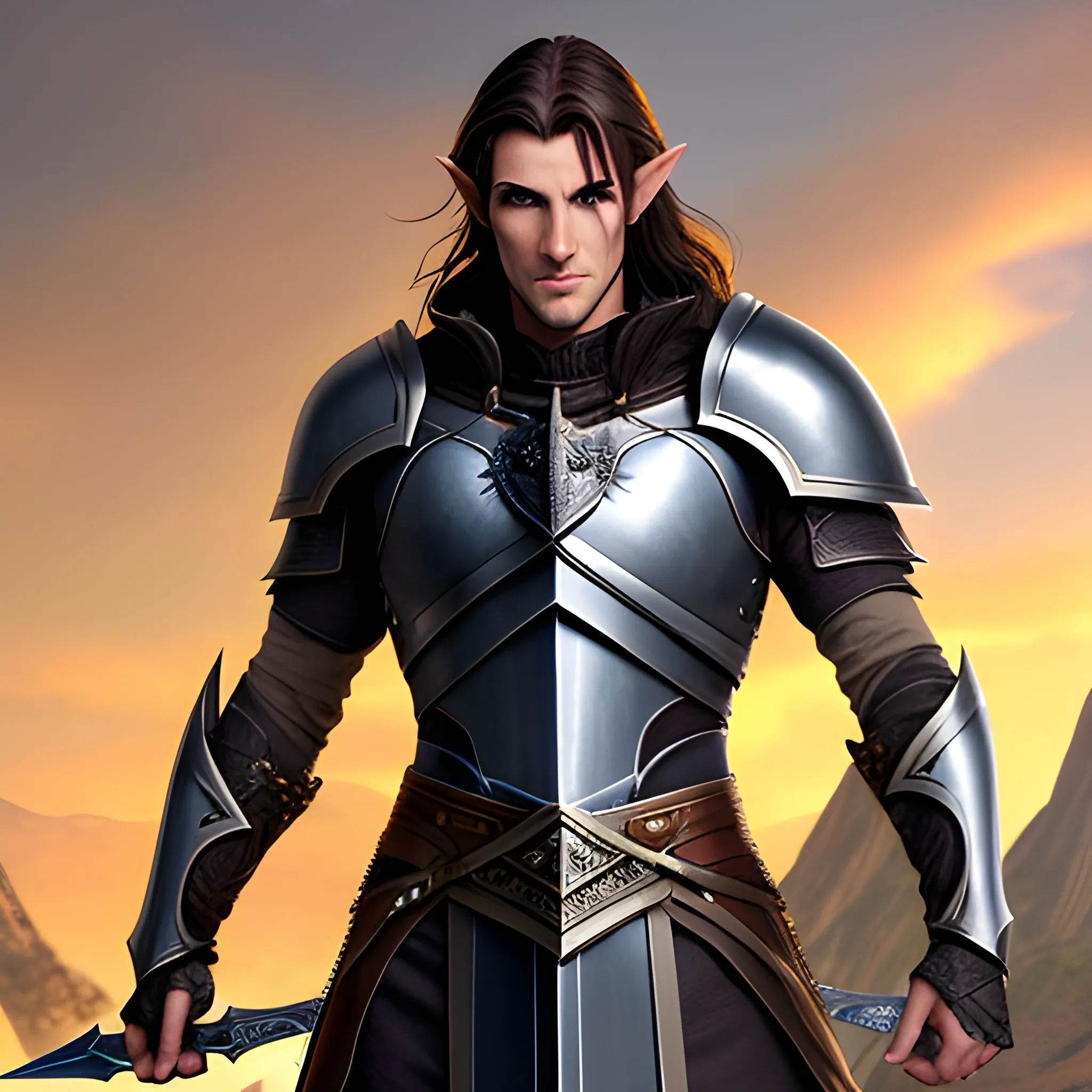 A male young elf paladin who has elven features: pointed ears, a sharp jawline, and piercing bright eyes that radiate warmth and determination. His hair is dark brown, slightly tousled. He wears chainmail armor and carries a standard longsword and a plain shield adorned with a raven emblem, Water Color