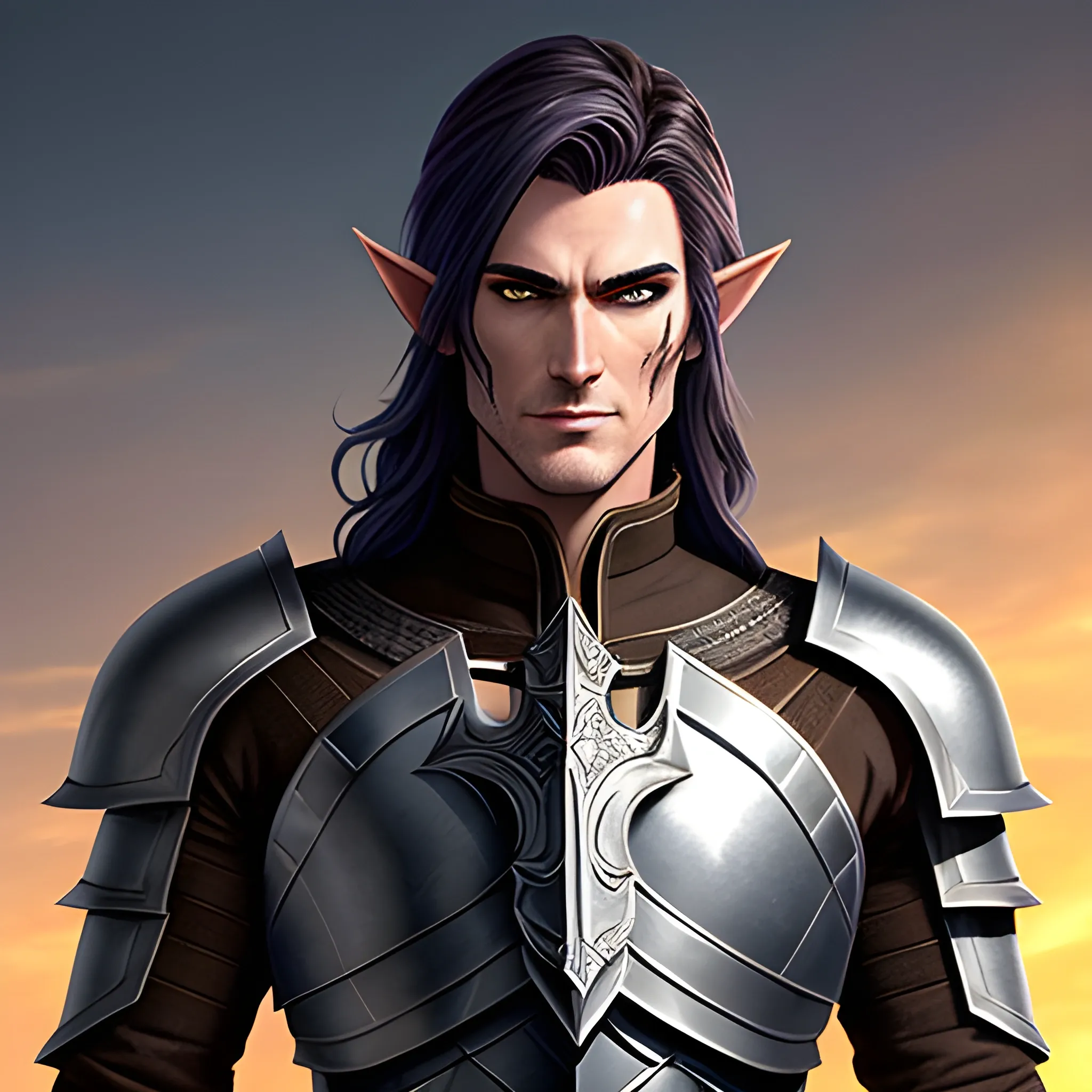 A male young elf paladin who has elven features: pointed ears, a sharp jawline, and piercing bright eyes that radiate warmth and determination. His hair is dark brown, slightly tousled. He wears chainmail armor and carries a standard longsword and a plain shield adorned with a raven emblem, Water Color