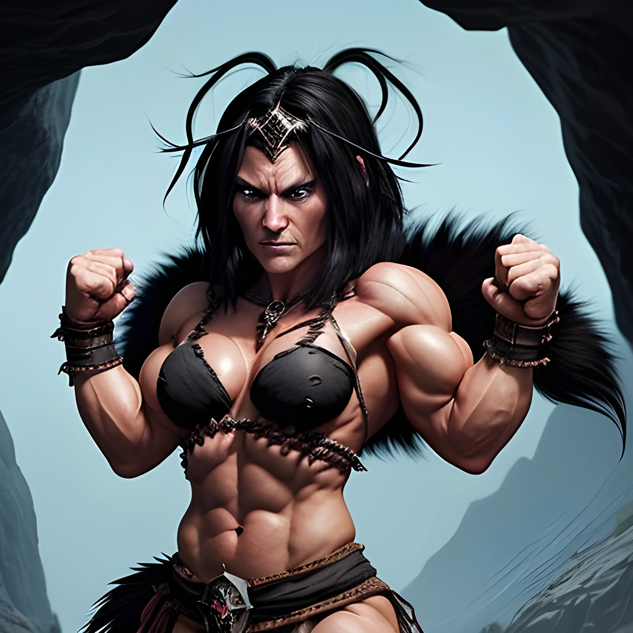 please create an image of a muscular evil barbarian sorceress in rear view standing in a cave with short black hair and a diadem on her head wearing a black fur loin cloth covering her muscular and vascular glutes and ramming her fists against her waist in a gesture of power.