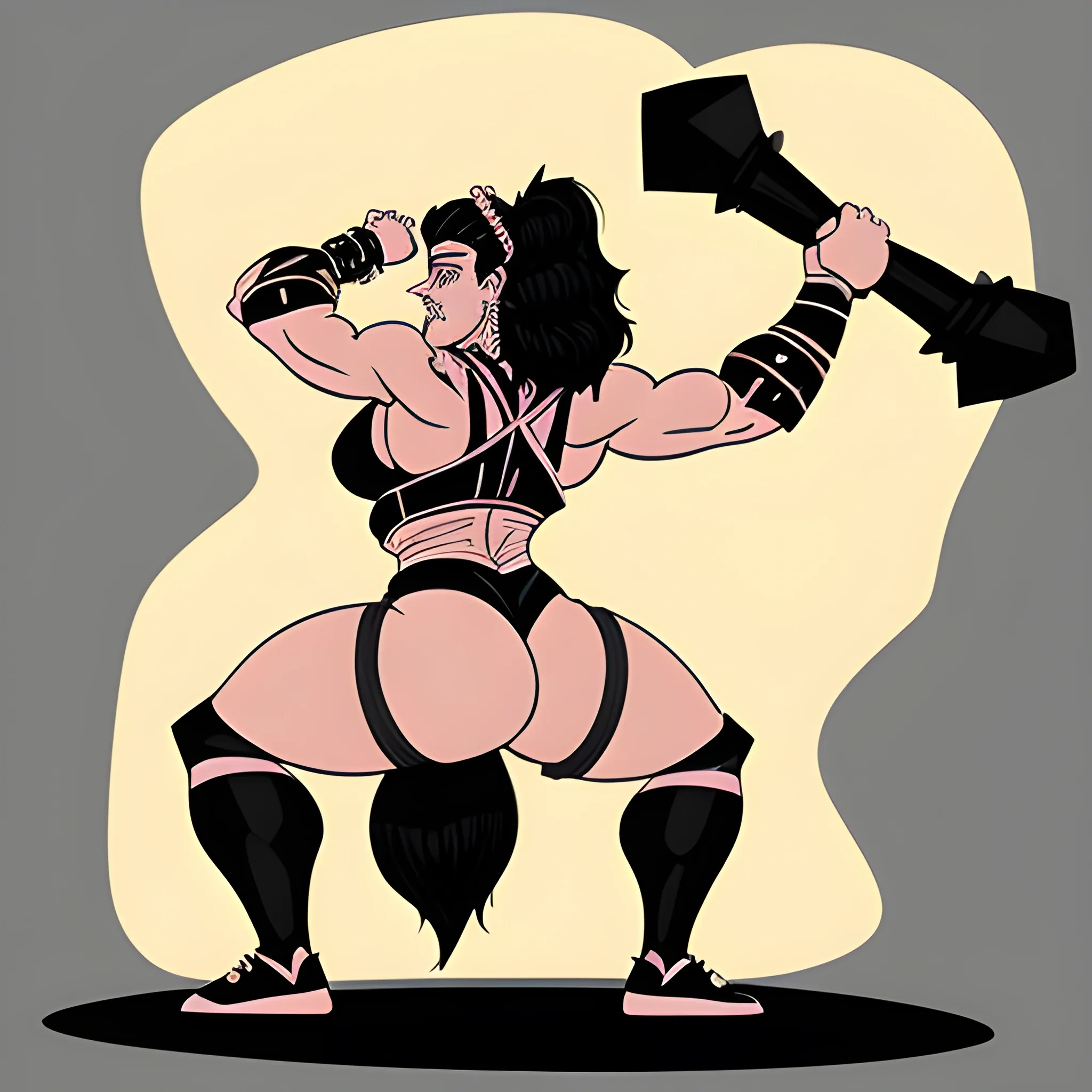 please create an image in classic cartoon style of the 80ies of a hyper muscular evil barbarian sorceress in back view squatting heavy weights on her shoulders in a cave with short black hair and a diadem on her head wearing only a black fur loin cloth covering her muscular and vascular glutes