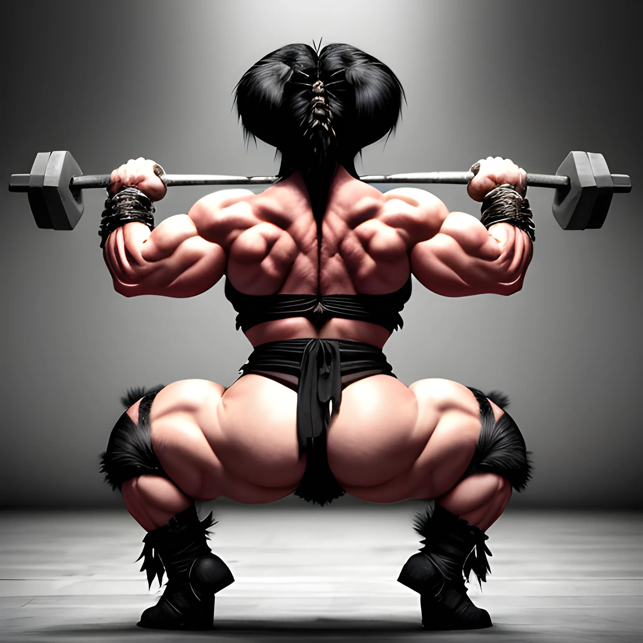 please create an image in animated style of a hyper muscular evil barbarian sorceress in back view squatting heavy weights on her shoulders in a cave with short black hair and a diadem on her head wearing only a black fur loin cloth covering her muscular and vascular glutes