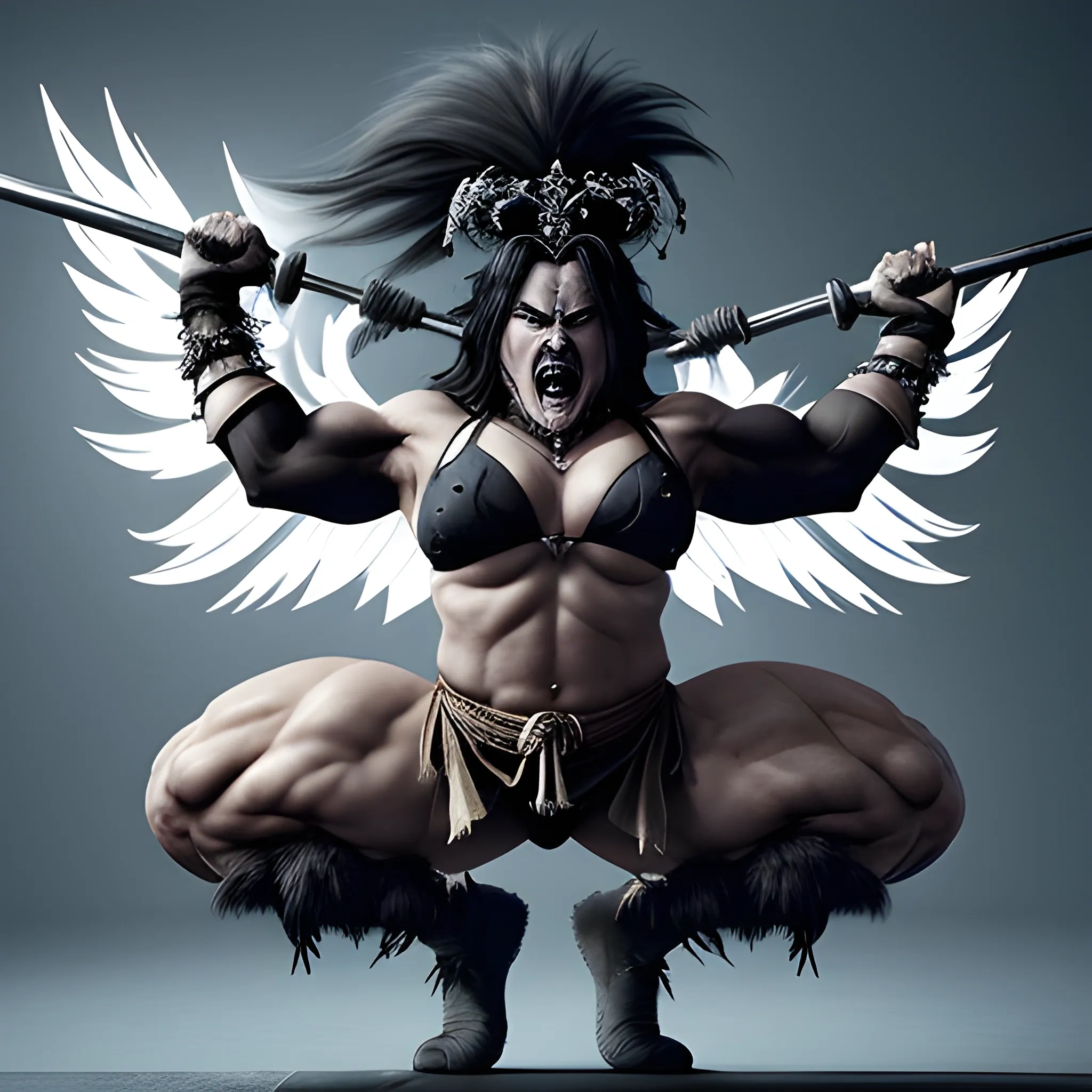 please create an image in animated style of a hyper muscular evil barbarian sorceress with an angelic face roaring out in triumph while squatting heavy weights on the back of her shoulders having short black hair and a diadem on her head and wearing only a black fur loin cloth covering her groin.