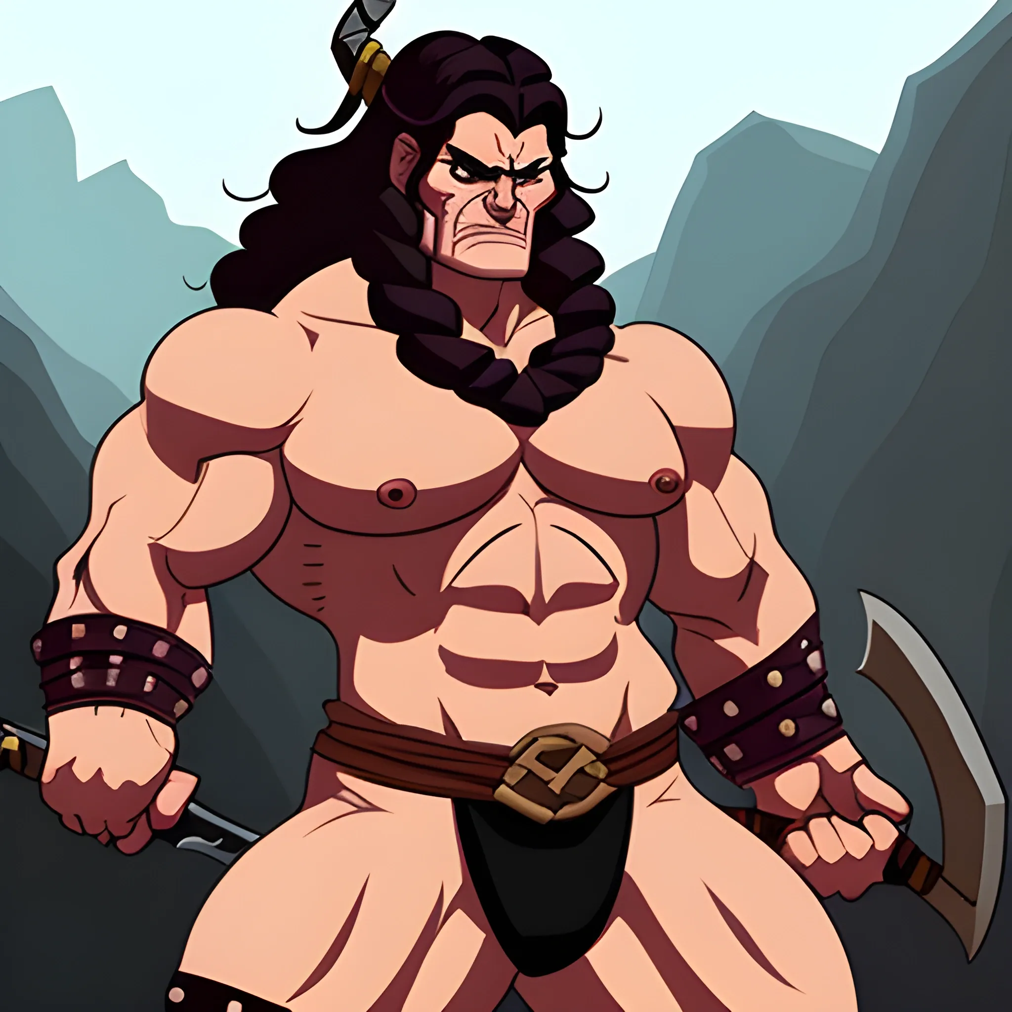 please create an image in animated style of a muscular evil female barbarian with a beautiful smooth face flexing her muscles and her mighty pecs in a cave while wielding a huge sword and wearing only a black spandex slip covering her mid-section