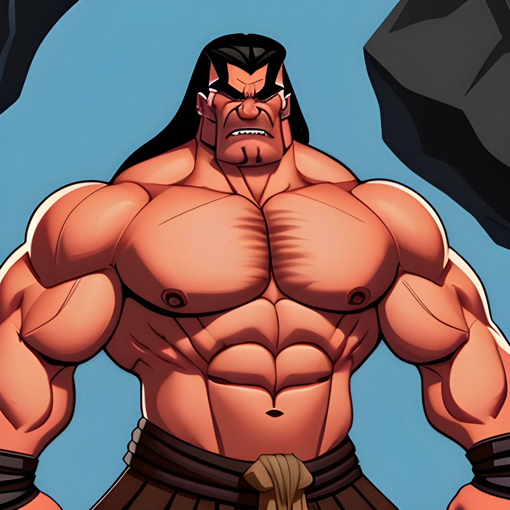 please create an image in animated style of a muscular evil barbarian with a handsome smooth face flexing his muscles and his mighty pecs in a cave while wielding a huge sword and wearing only a tight fitting black spandex slip covering his prominent mid-section