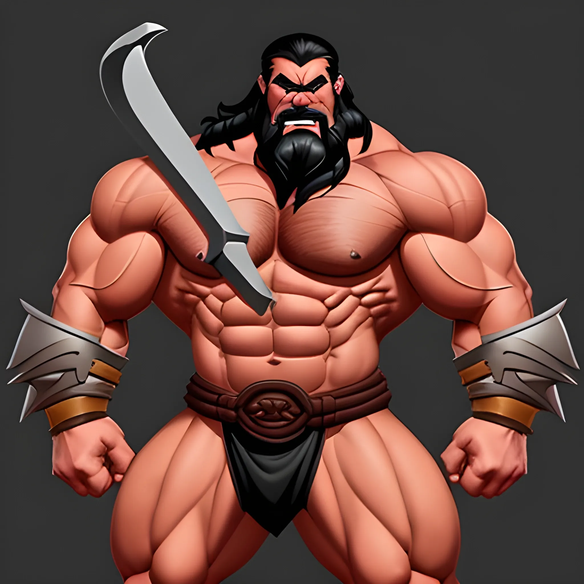 please create an image in animated style of a muscular evil barbarian in full body view featuring a handsome smooth face and flexing his muscles and his mighty pecs while wielding a huge sword and wearing only a tight fitting black spandex slip covering his prominent mid-section