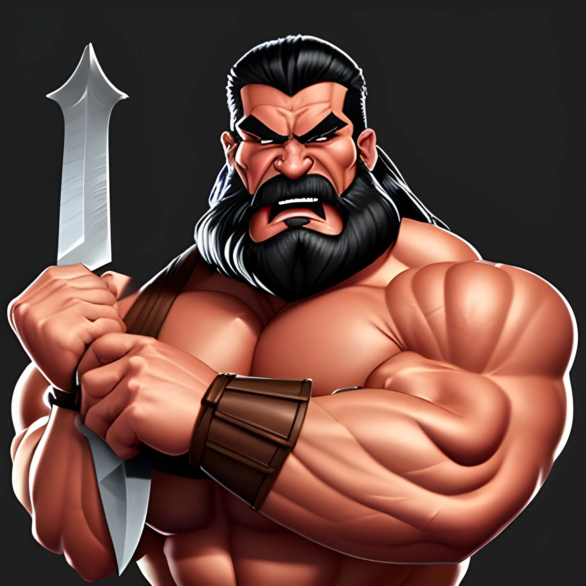 please create an image in animated style of a muscular evil barbarian in full body view featuring a handsome smooth face and flexing his muscles and his mighty pecs while wielding a huge sword and wearing only a tight fitting black spandex slip covering his prominent mid-section, Cartoon