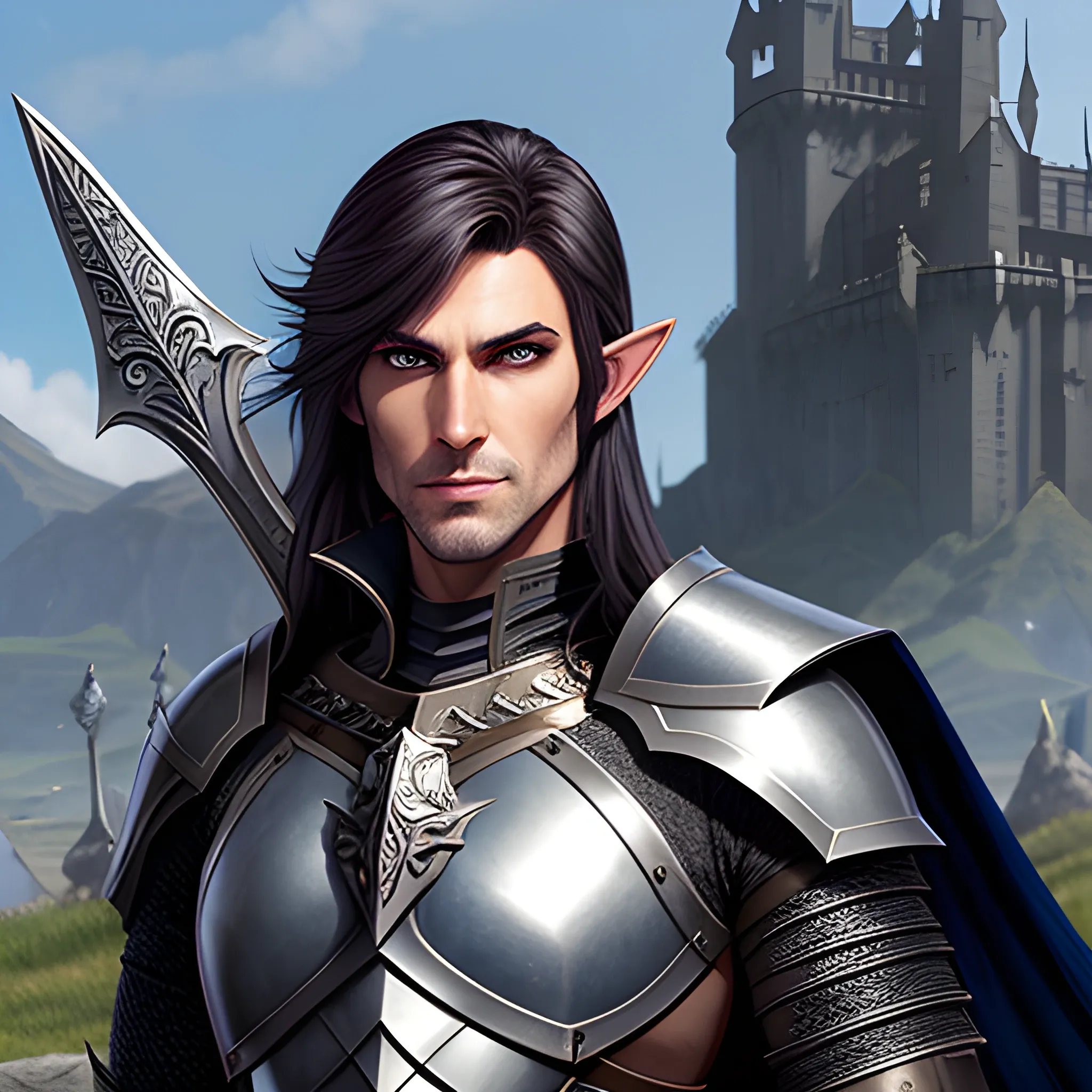 A male young elf paladin who has elven features: pointed ears, a sharp jawline, and piercing bright eyes that radiate warmth and determination. His hair is dark brown, slightly tousled. He wears chainmail armor and carries a standard longsword and a plain shield adorned with a raven emblem, Water Color