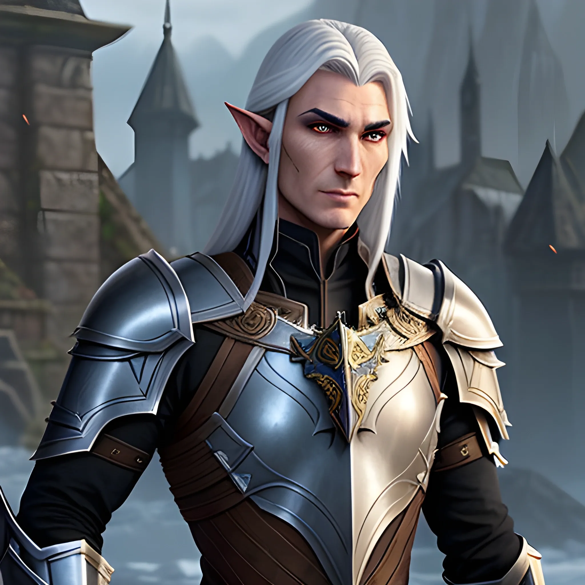 A male young elf paladin who has elven features: pointed ears, a sharp jawline, and piercing bright eyes that radiate warmth and determination. His hair is dark brown, slightly tousled. He wears chainmail armor and carries a standard longsword and a plain shield adorned with a raven emblem, Water Color