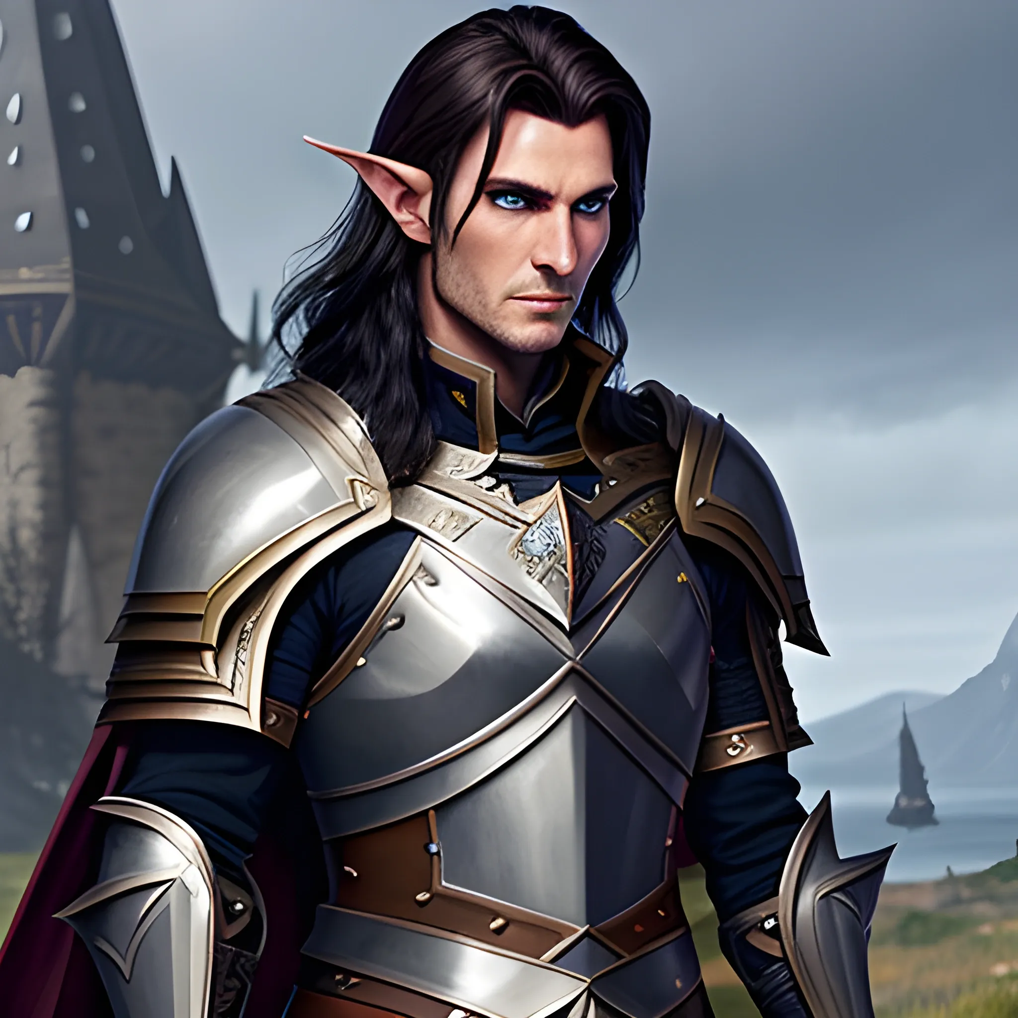 A male young elf paladin who has elven features: pointed ears, a sharp jawline, and piercing bright eyes that radiate warmth and determination. His hair is dark brown, slightly tousled. He wears chainmail armor and carries a standard longsword and a plain shield adorned with a raven emblem, Water Color