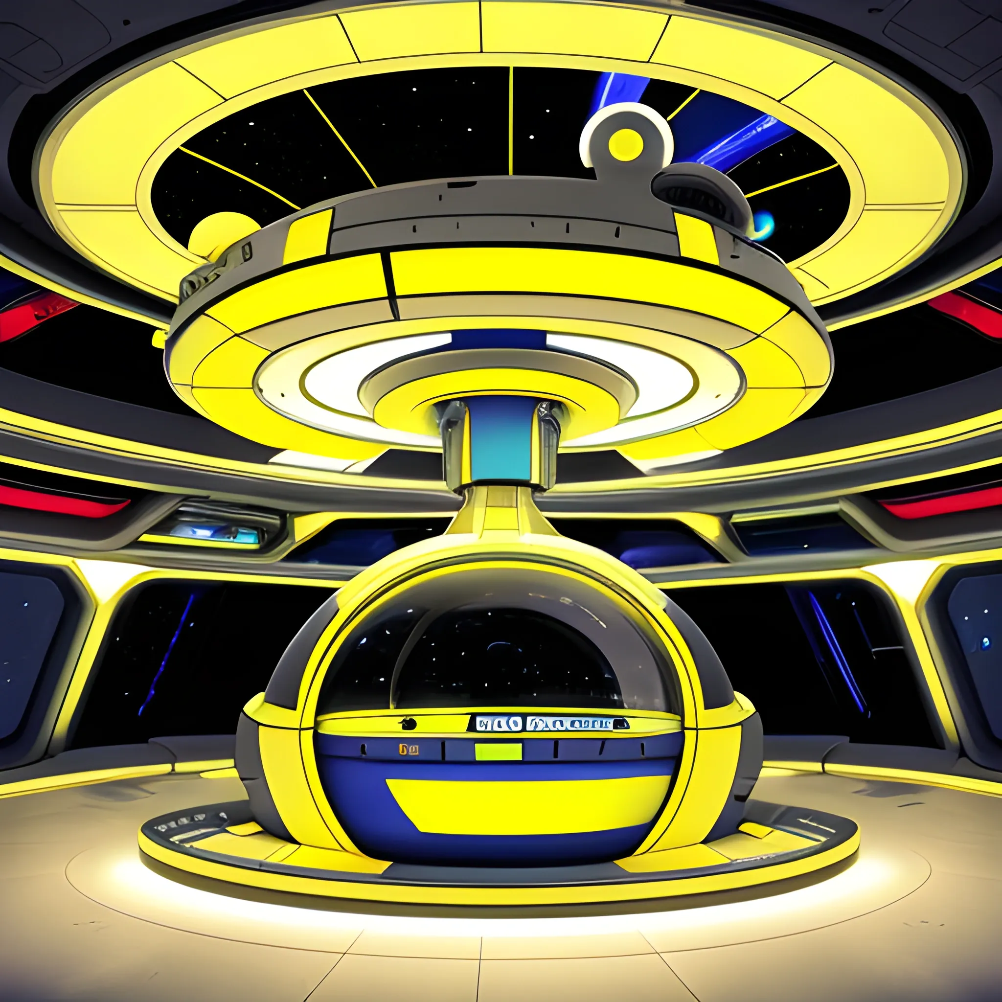 The starship has primary colors that are dark gold, metallic forest green& light blue accents,+ 2 white nacelles,at 75°, emit a mesmerizing dark yellow light.Blending the styles of Gerry & Sylvia Anderson.There's a top section that's a 60' in diameter bubble , as an industrial wired circular base., 3D, Trippy