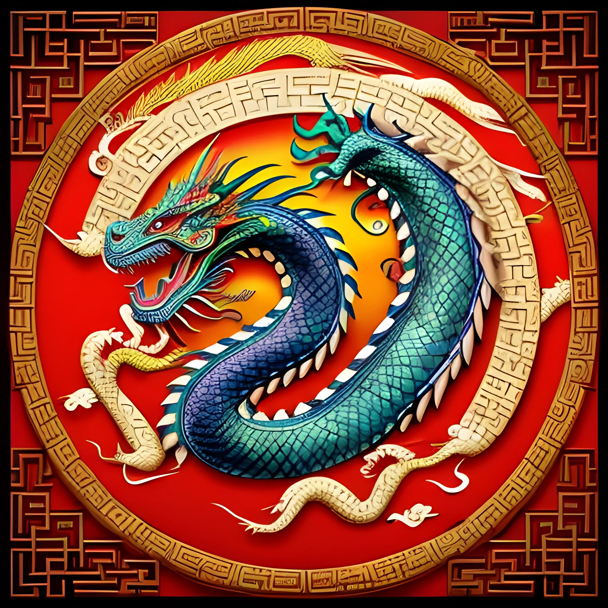 Photo-realistic Chinese dragon with vibrant colors and intricate scales in traditional Chinese-inspired background