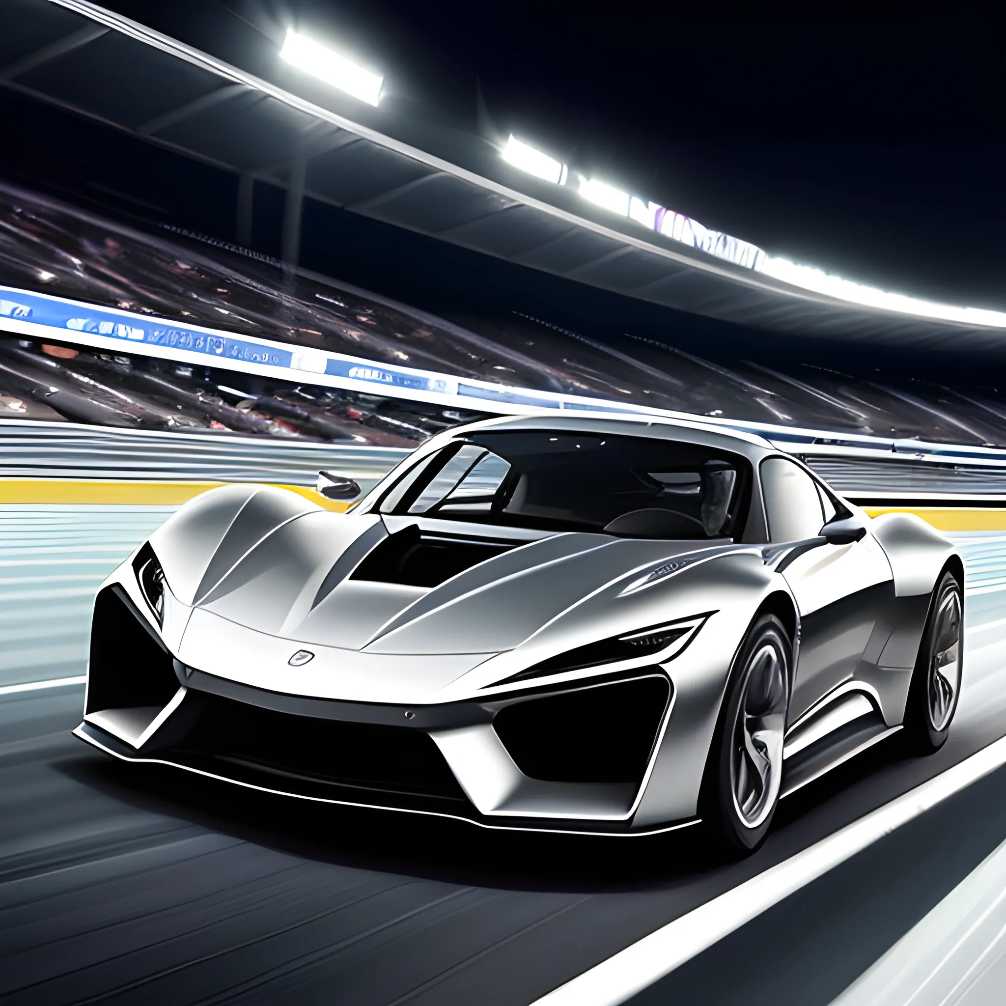 A sleek, high-performance sports car, its metallic silver body glistening under the bright stadium lights, as if frozen in mid-race, with a blurred background that hints at the speed and adrenaline of the track - in the style of a high-end automotive advertisement photograph