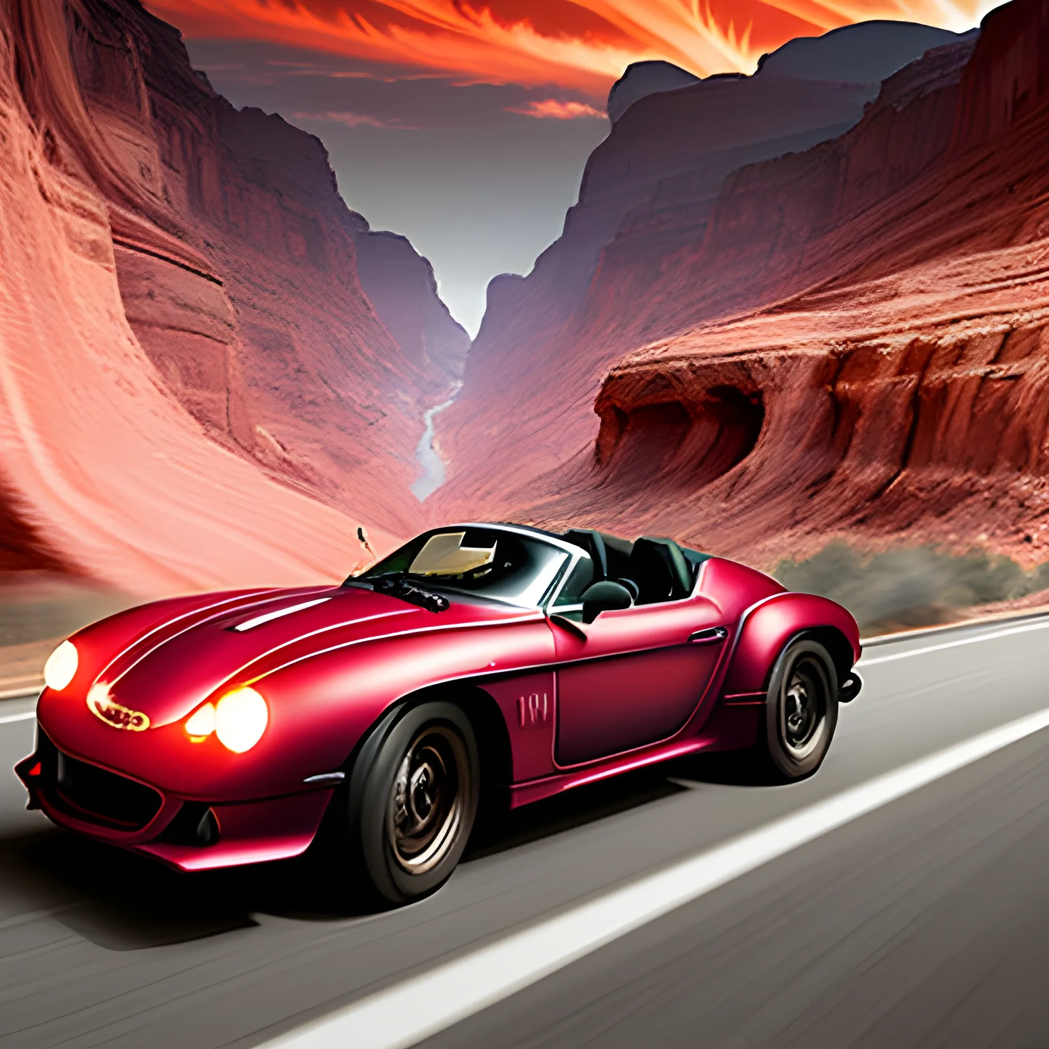 A blurred torrent of crimson light streaks across the horizon, illuminating a sleek, silver speedster cutting through the air with mesmerizing grace. The roaring engine reverberates in the distance as the vehicle gracefully navigates a perilous canyon carved by ancient winds.