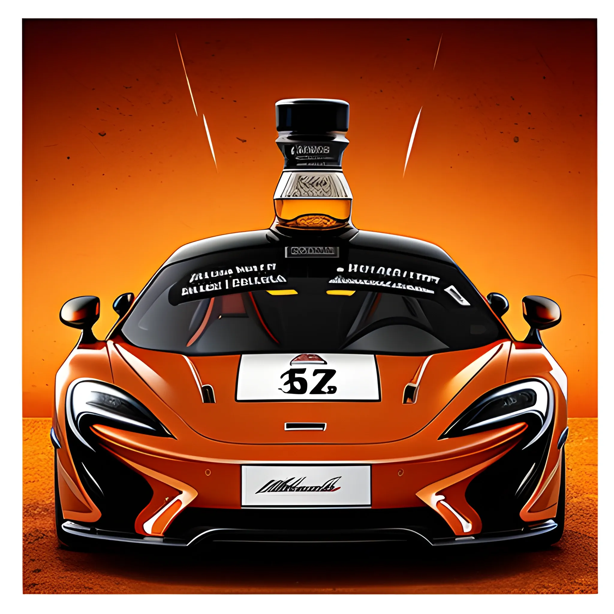 A sports car that is a Jack Daniels x McLaren whiskey bottle, vibrant, sports car design with whiskey branding, striking, realistic, detailed, dynamic, commercial art