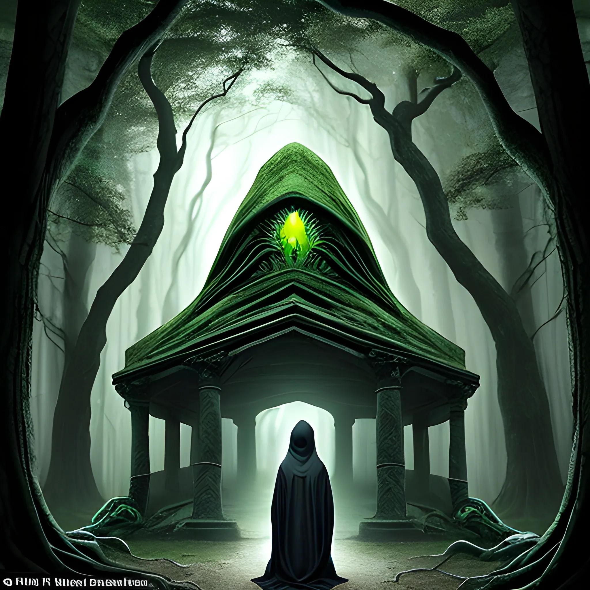 A hooded figure whispers ancient secrets to a majestic, serpentine being amidst the twisted shadows of a primeval woodland, as the trees themselves seem to bear witness to the chosen one's sacred destiny