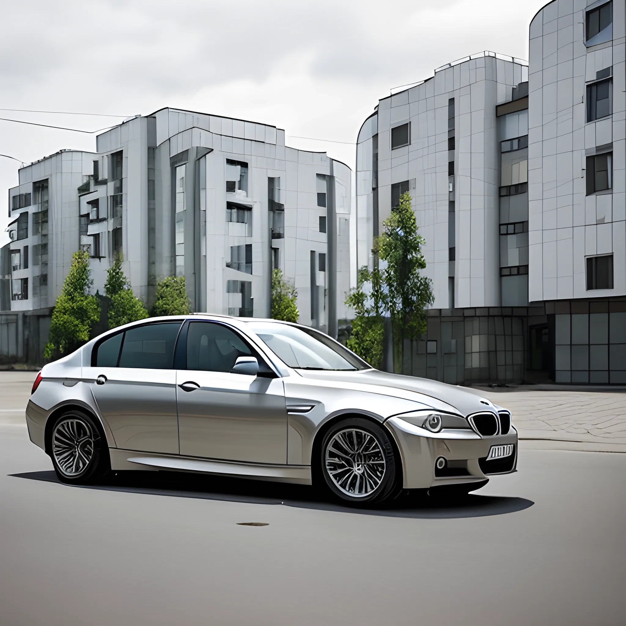 A sleek, silver BMW E60 sedan gleams in the morning light, parked on a quiet street in Belgorod, with the Russian city's modern architecture and lush greenery serving as a backdrop