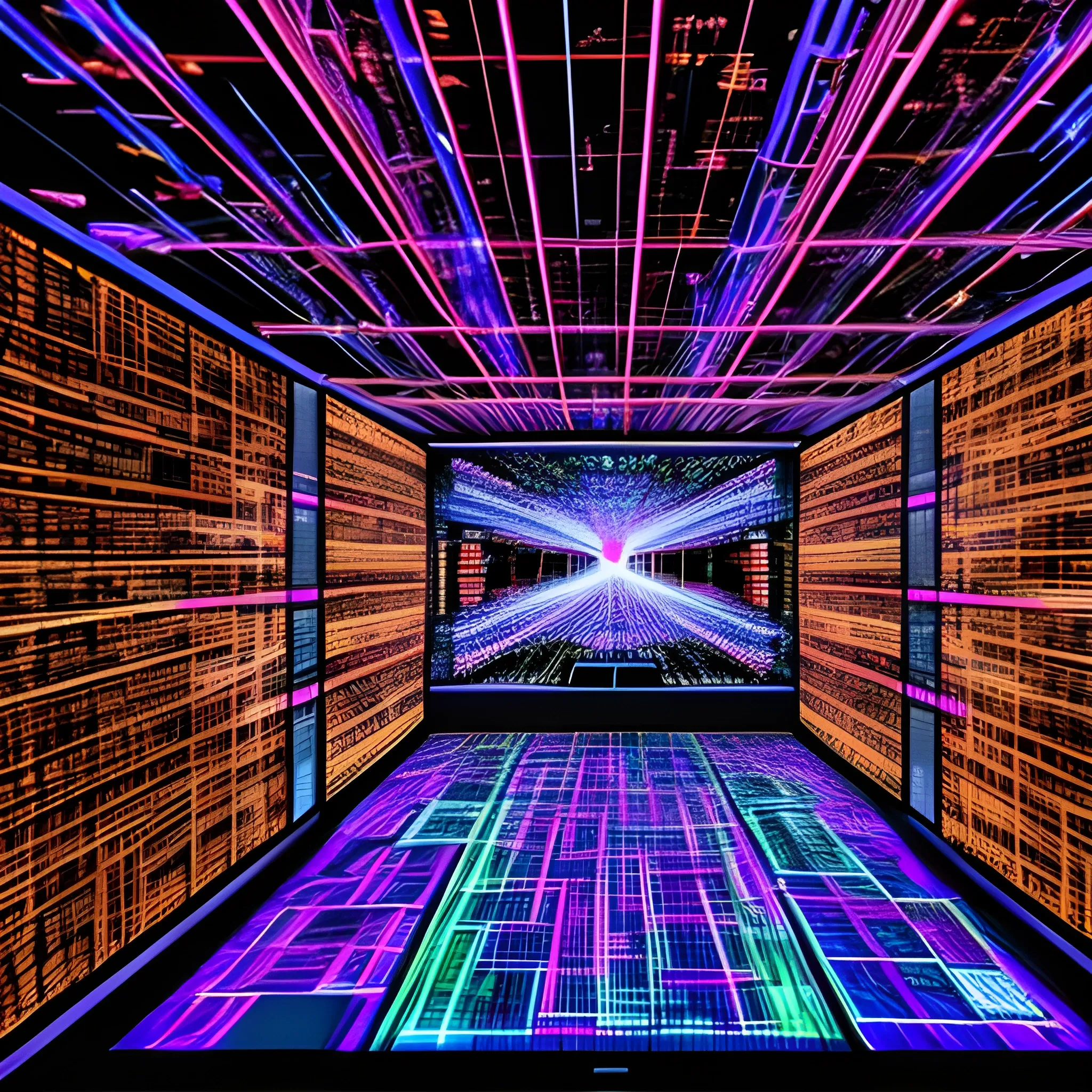 A symphony of glowing screens illuminating a vast, intricate network of interconnected circuitry, pulsating with the vibrant energy of digital creation