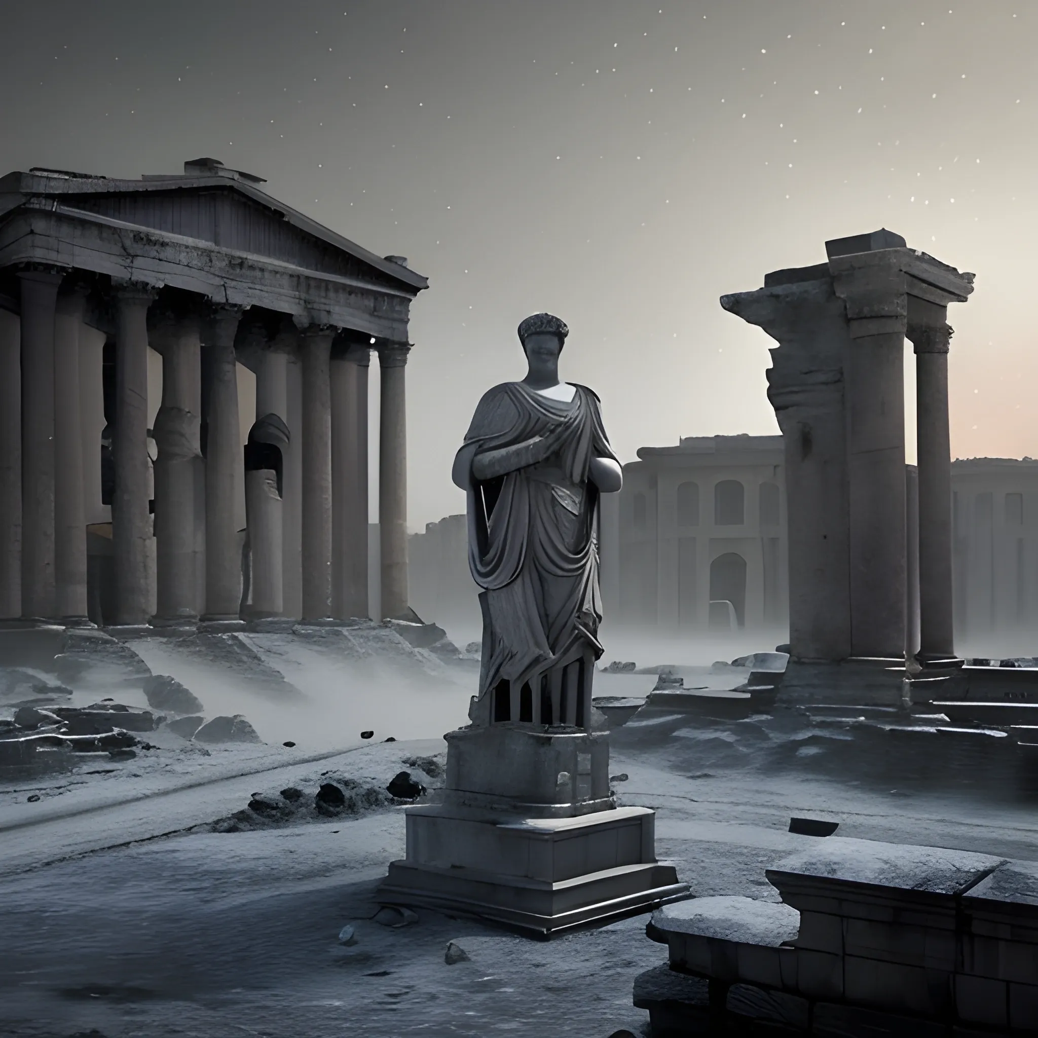 ome: from the dust, you rose, and to the ashes, you fall. image of roman empire as cold, cinematic render for image generator ai. make it enigmatic, historic, and nostalgic. dark vibe also include statue of augustus.