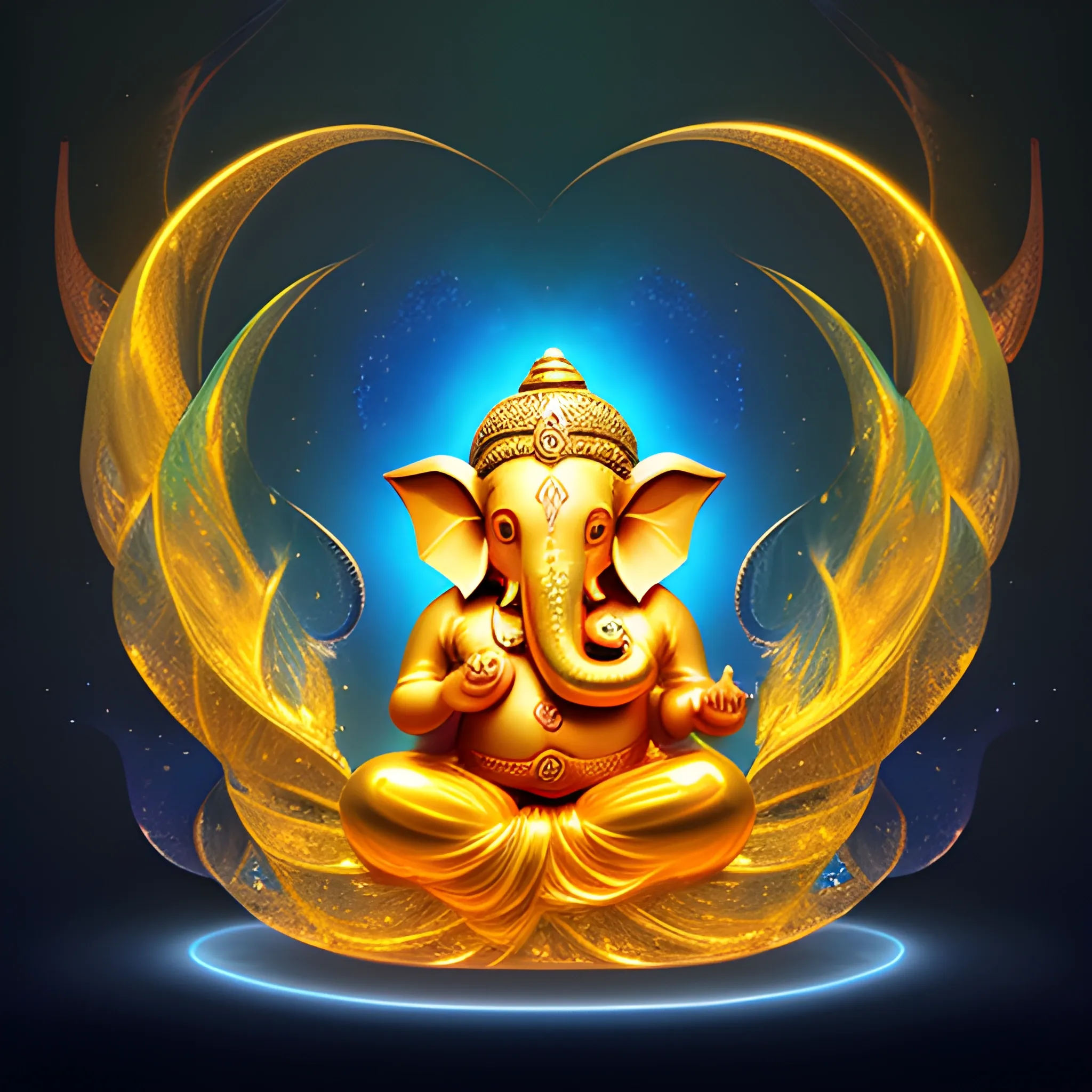 A meticulously Lord Ganesha shape sculpted digital sculpture, facets shimmering in a cascade of light, floats gracefully against a backdrop of swirling nebula