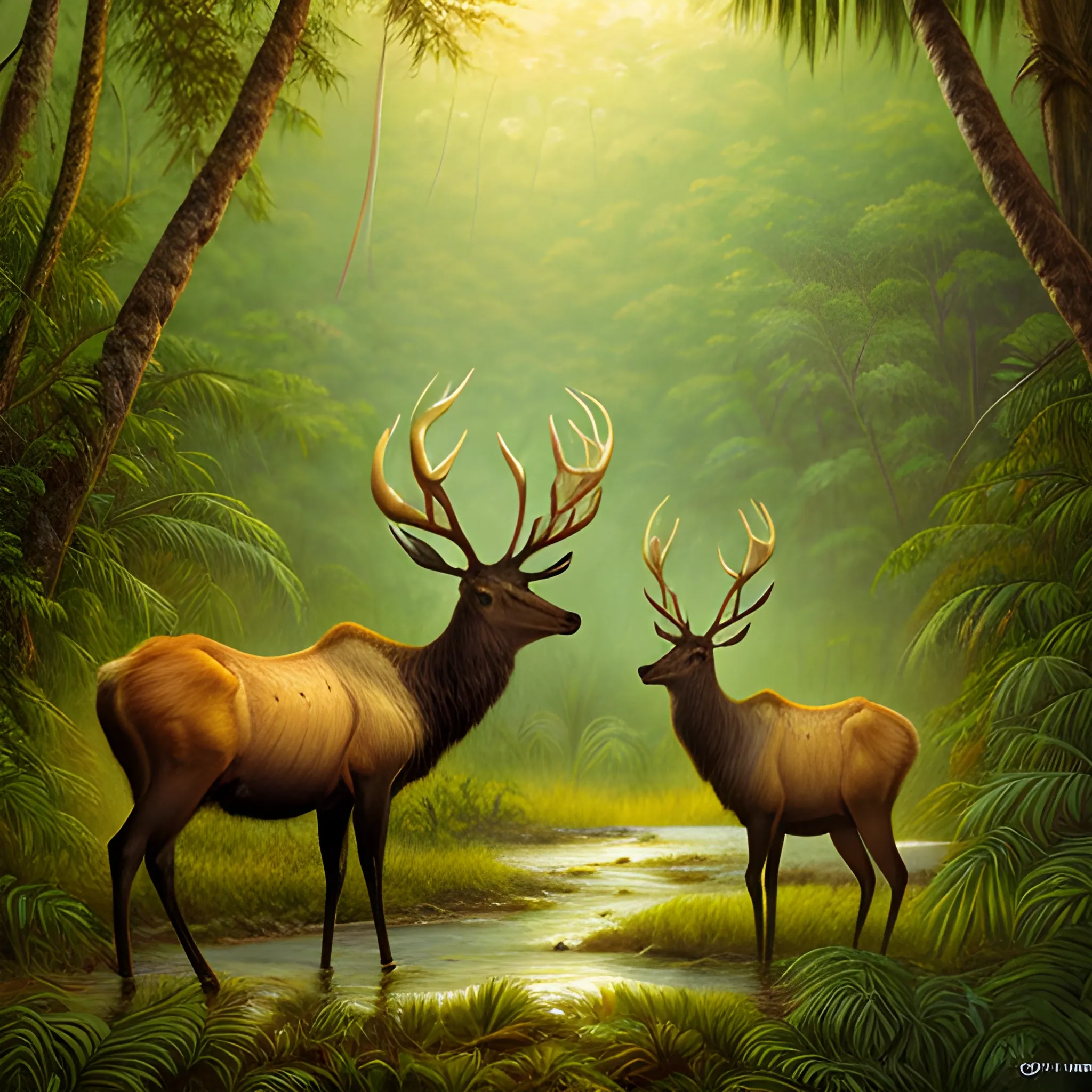 Elk in the jungle, warm tones at dusk, realistic oil painting style green colors