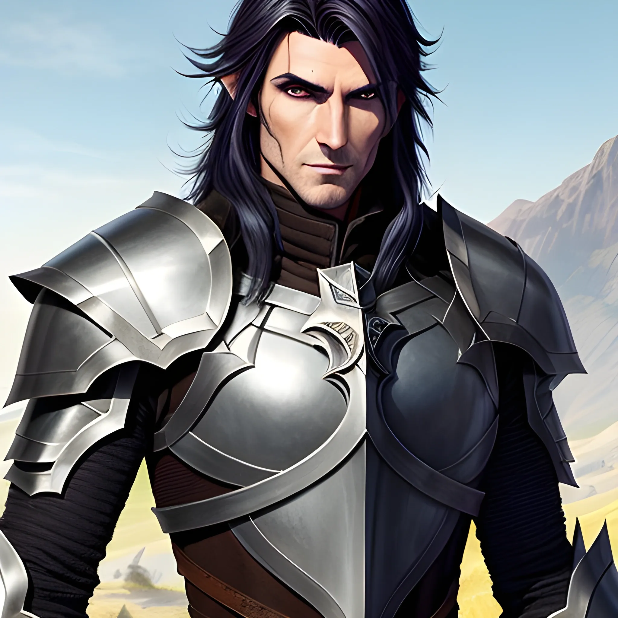 A male young elf paladin who has elven features: pointed ears, a sharp jawline, and piercing bright eyes that radiate warmth and determination. His hair is dark brown, slightly tousled. He wears chainmail armor and carries a standard longsword and a plain shield adorned with a raven emblem, Water Color