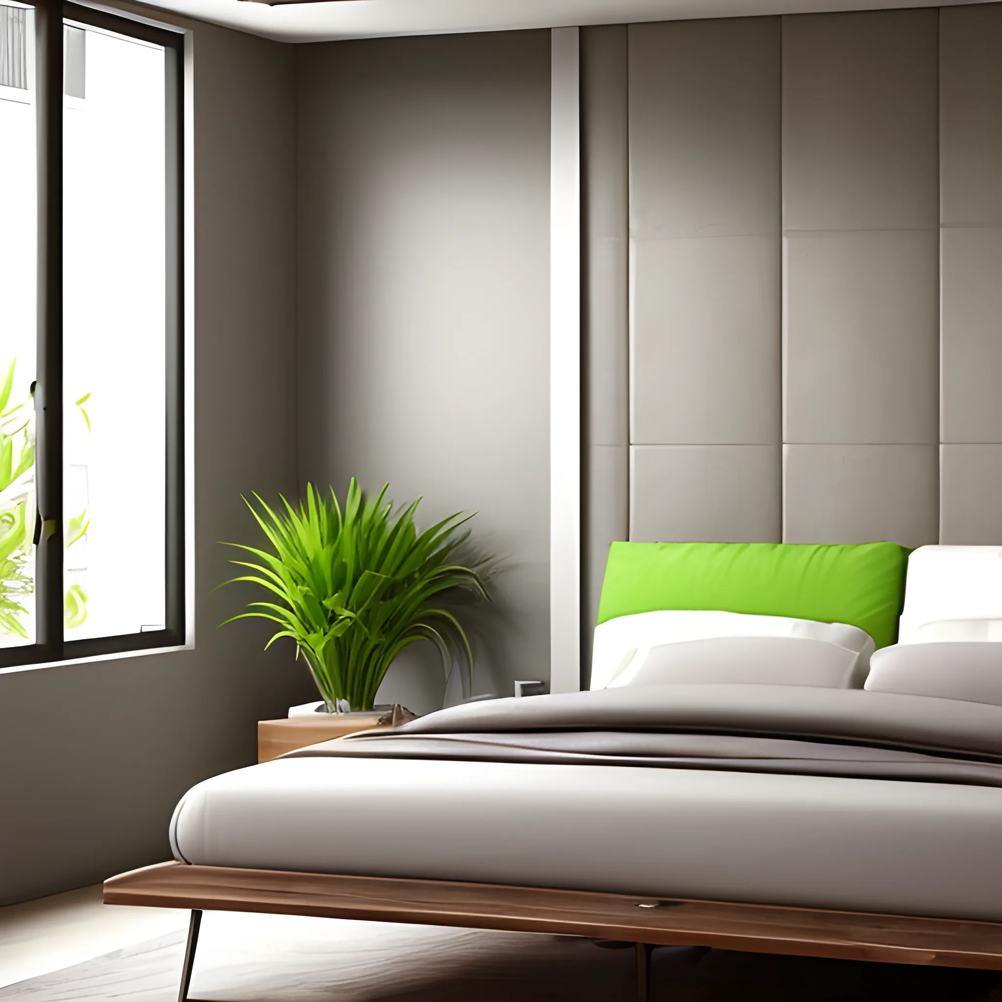 Cabecero moderno con cama mesitas alguna planta no muchas la pared grande, todo de estilo moderno y colores suaves