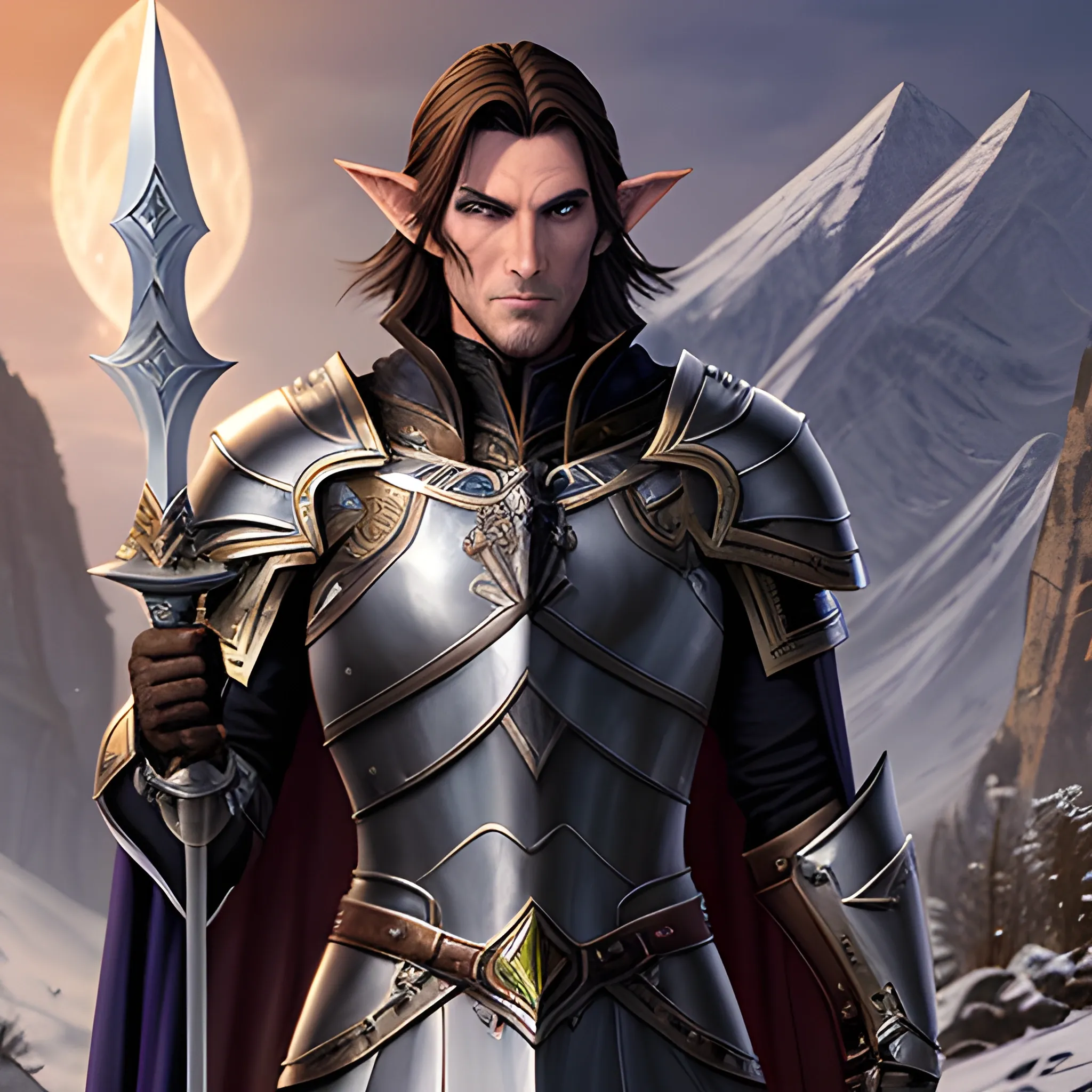 A male young elf paladin who has elven features: pointed ears, a sharp jawline, and piercing bright eyes that radiate warmth and determination. His hair is dark brown, slightly tousled. He wears chainmail armor and carries a standard longsword and a plain shield adorned with a raven emblem, Water Color