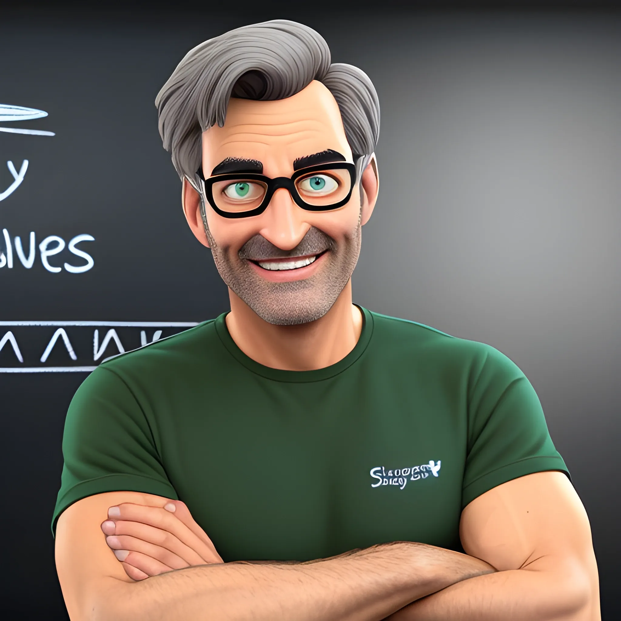 3D Pixar style illustration of a colourful, reassuring and cheerful classroom. Place a smirking male character (character face: light brown, pale haircut, dark green eyes) on the left side of the image. Place a blackboard on the right side of the picture. He should wear a navy blue shirt and gray jeans and make a "thumbs up" sign with one hand. There should be a library in the classroom. The slate should be empty and zoomed in on the character.
The focal point should be the blackboard to draw attention to these key elements.