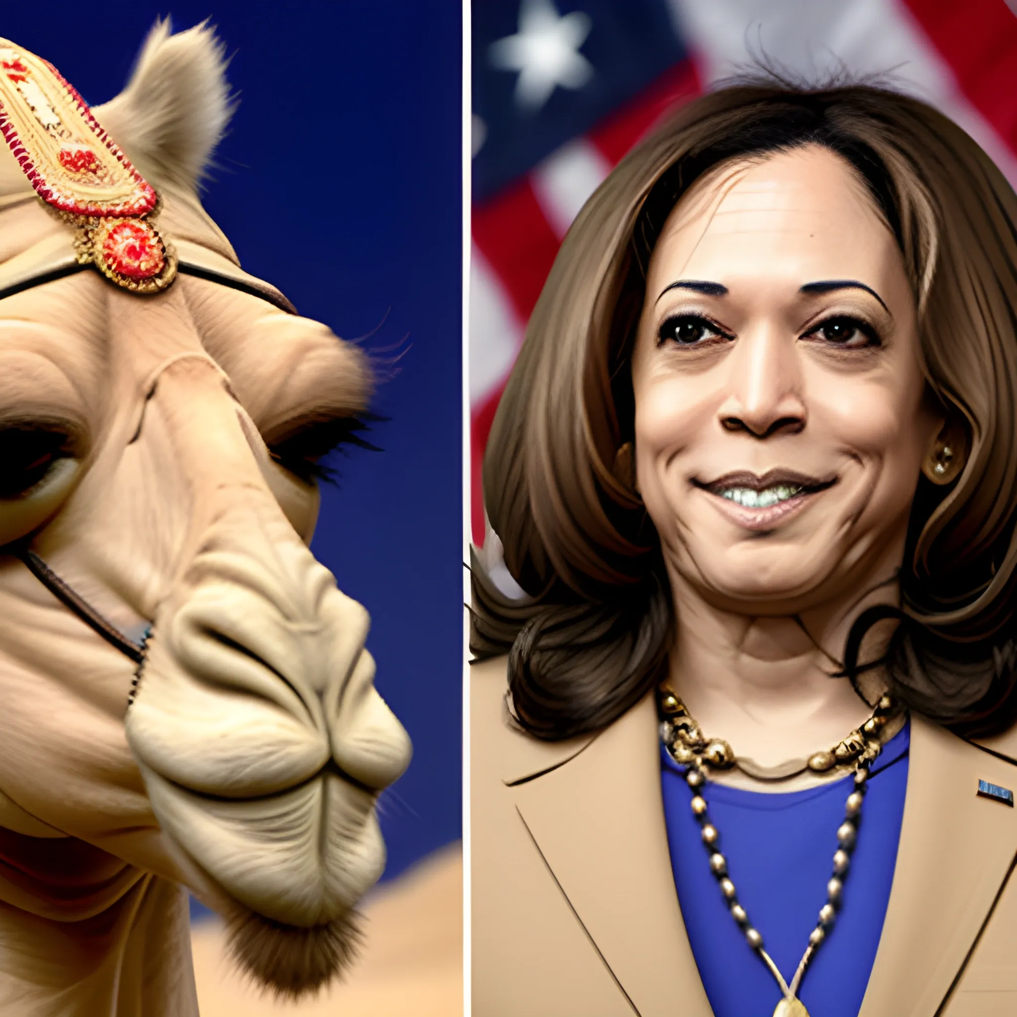 camel with Kamala's Harris' face and hair