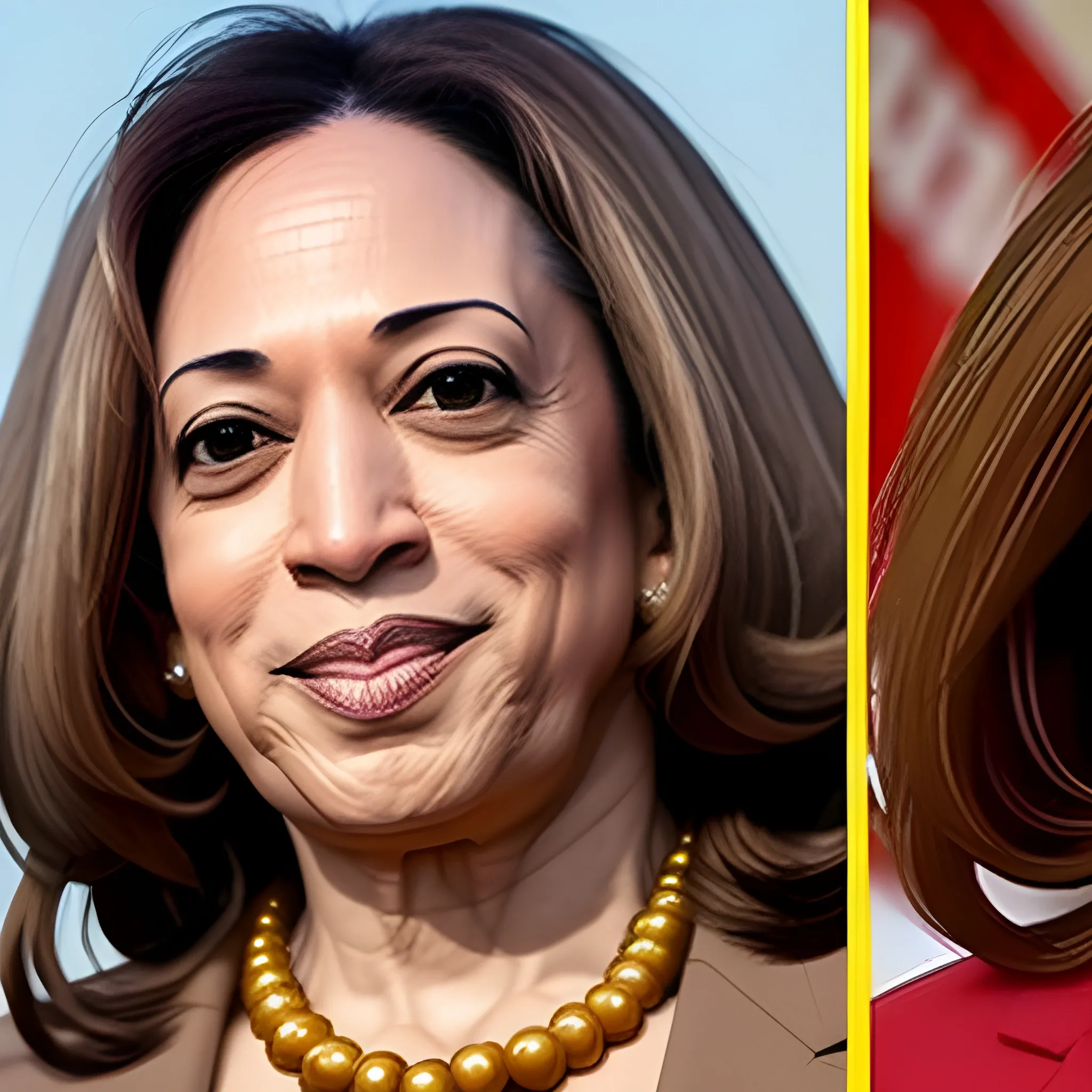 camel with Kamala's Harris' face and hair. make head smaller in frame and give her a suit to wear and a necklace
