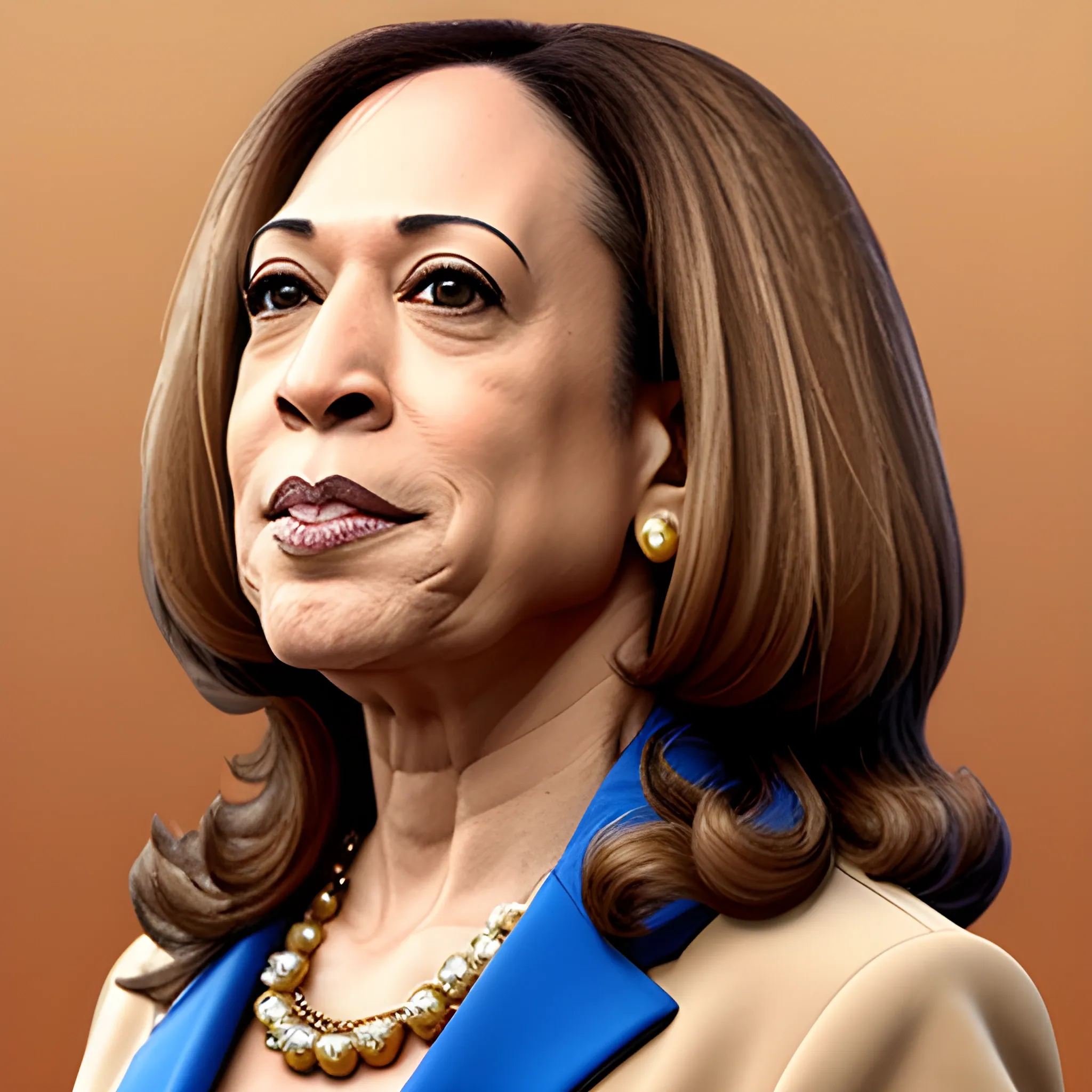 camel with Kamala's Harris' face and hair. make head smaller in frame and give her a suit to wear and a necklace. more camel looking
